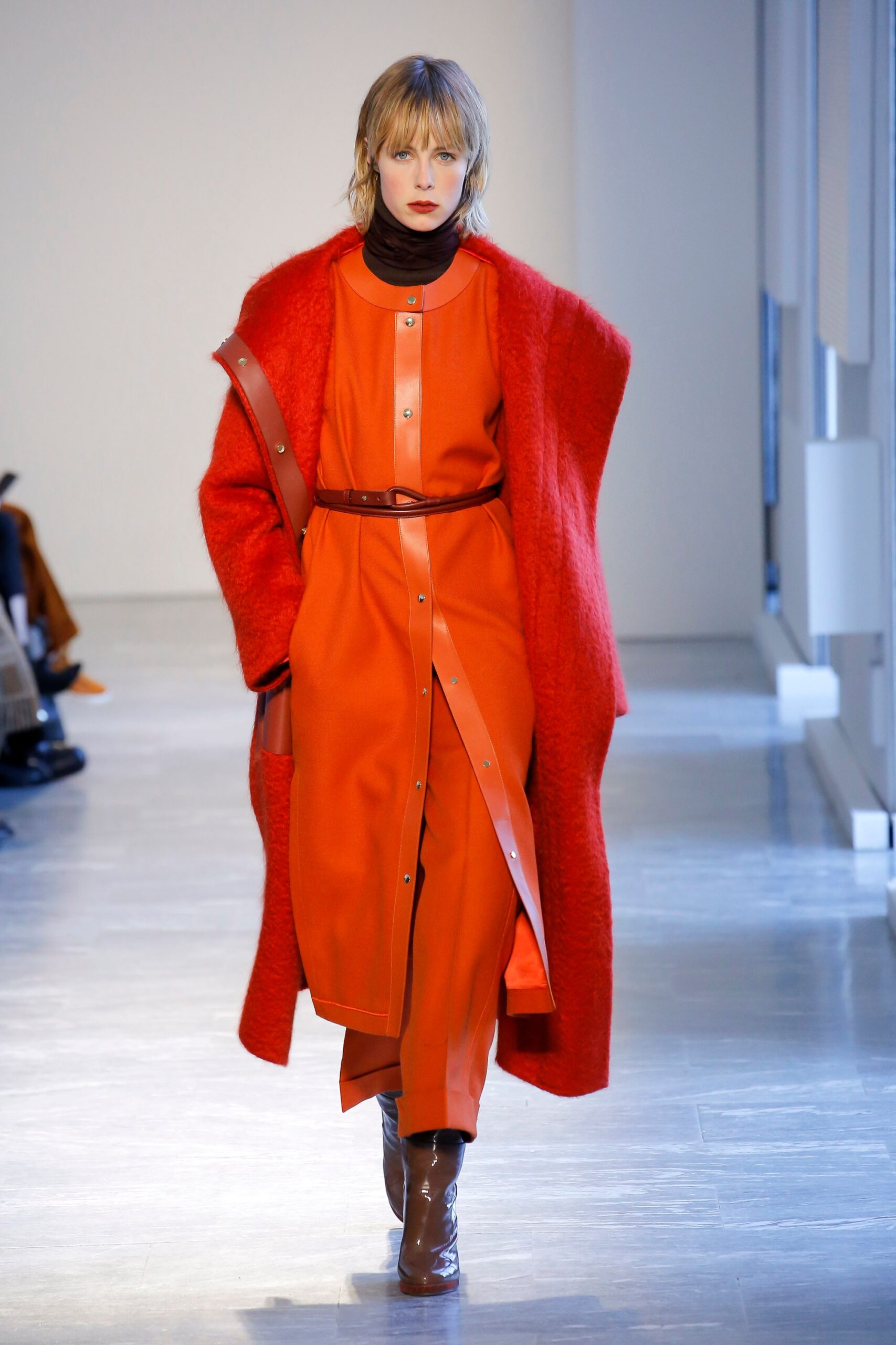 orange cotton long-sleeve collared fitted belted midi dress