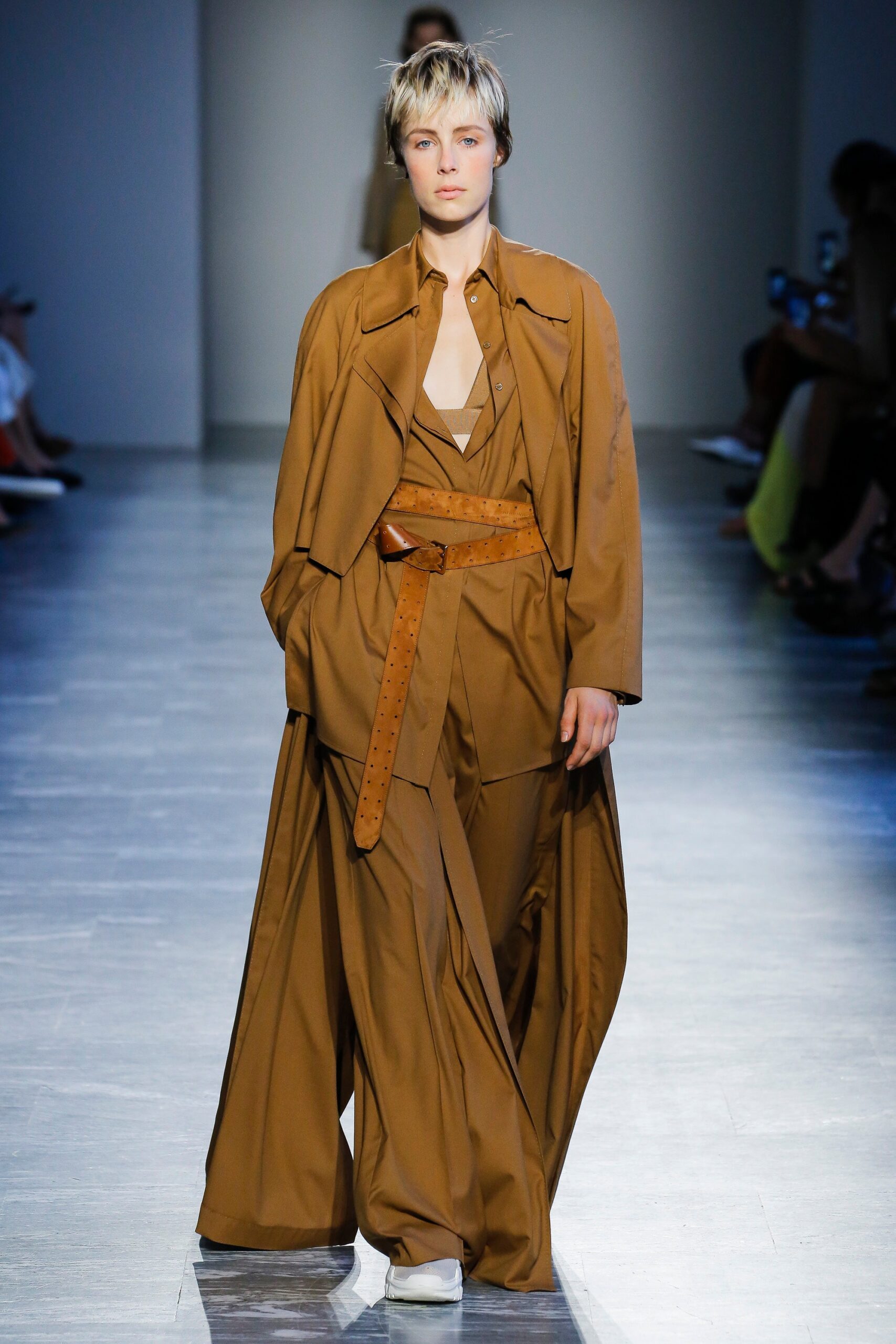 brown belted coat and jumpsuit