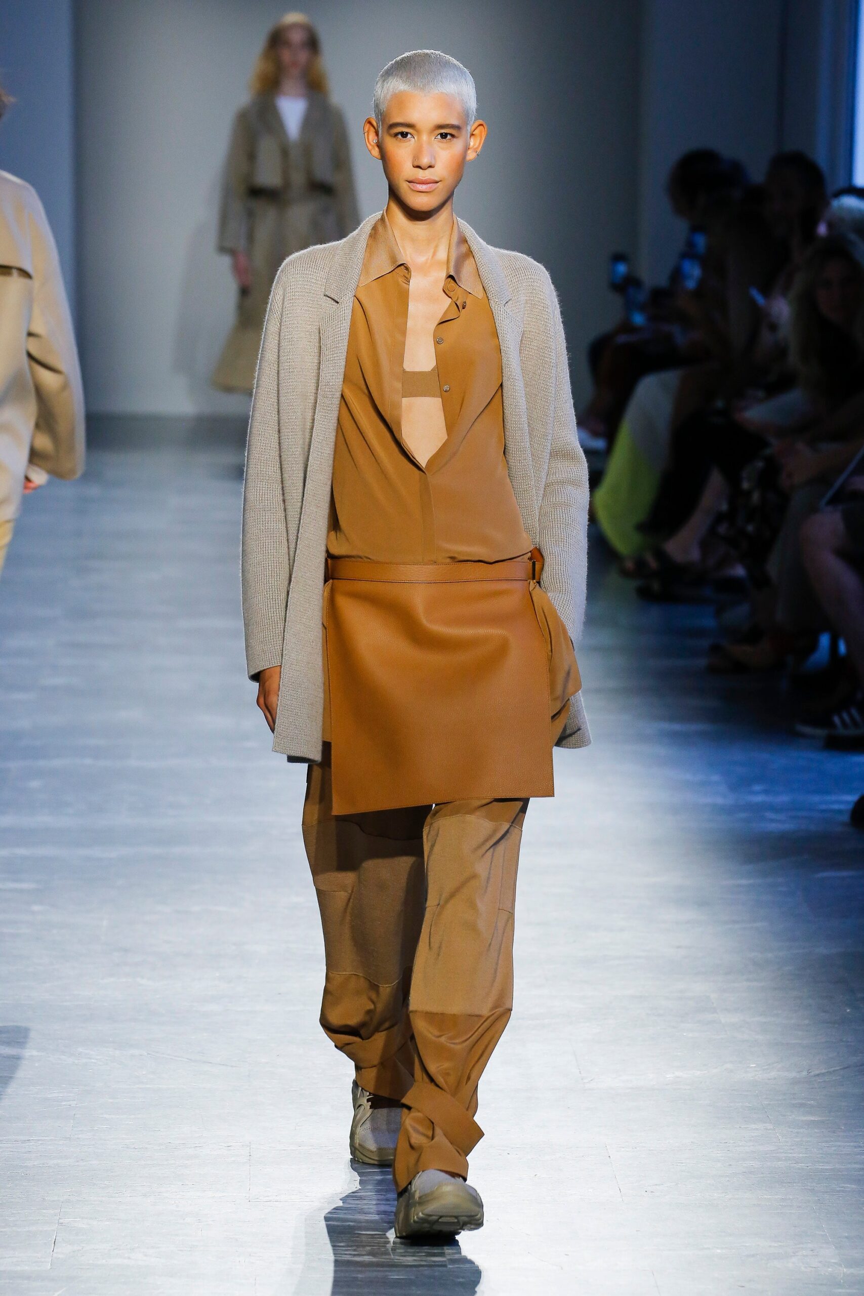 brown leather asymmetric fitted high-waisted skirt