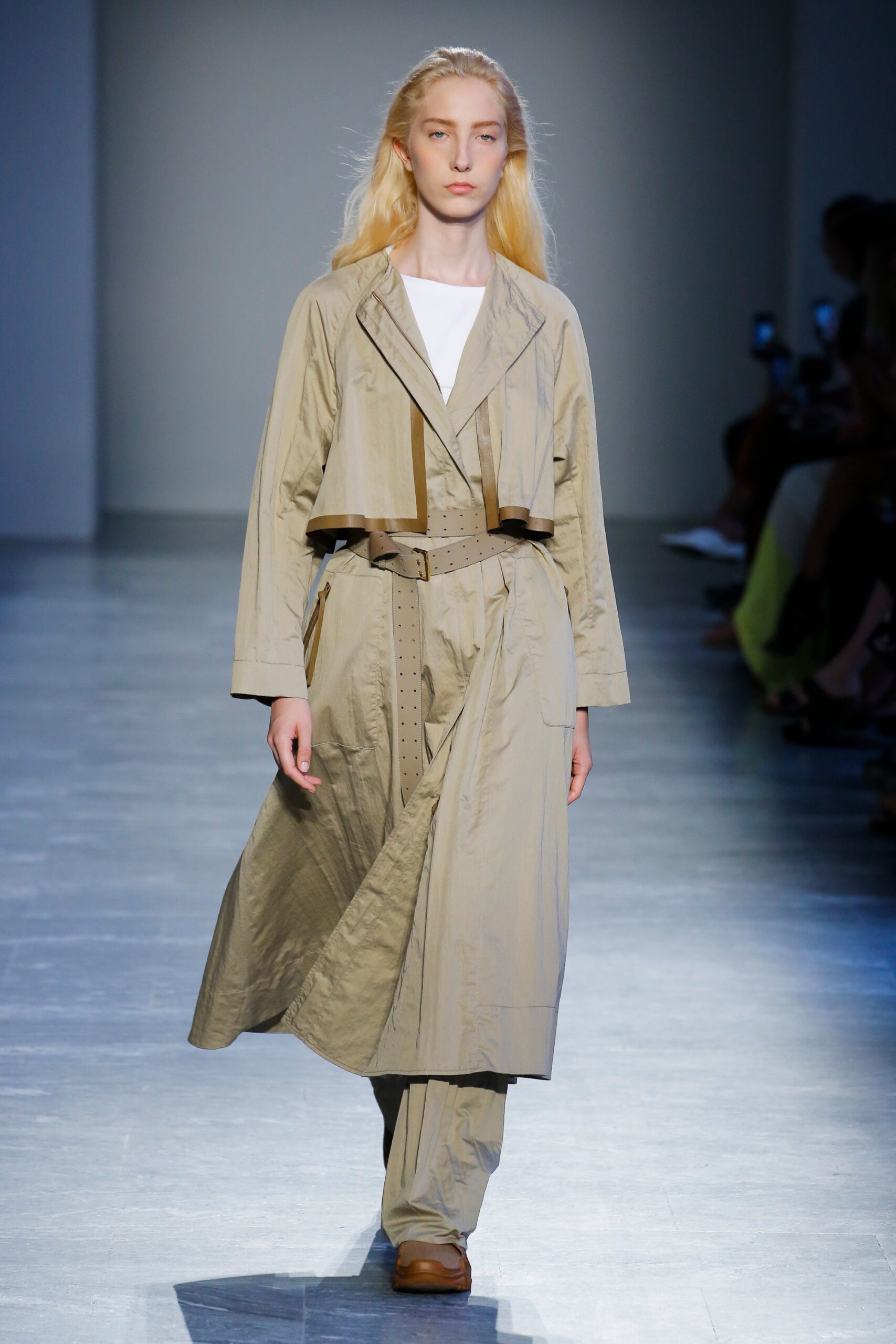 beige trench coat with relaxed pants