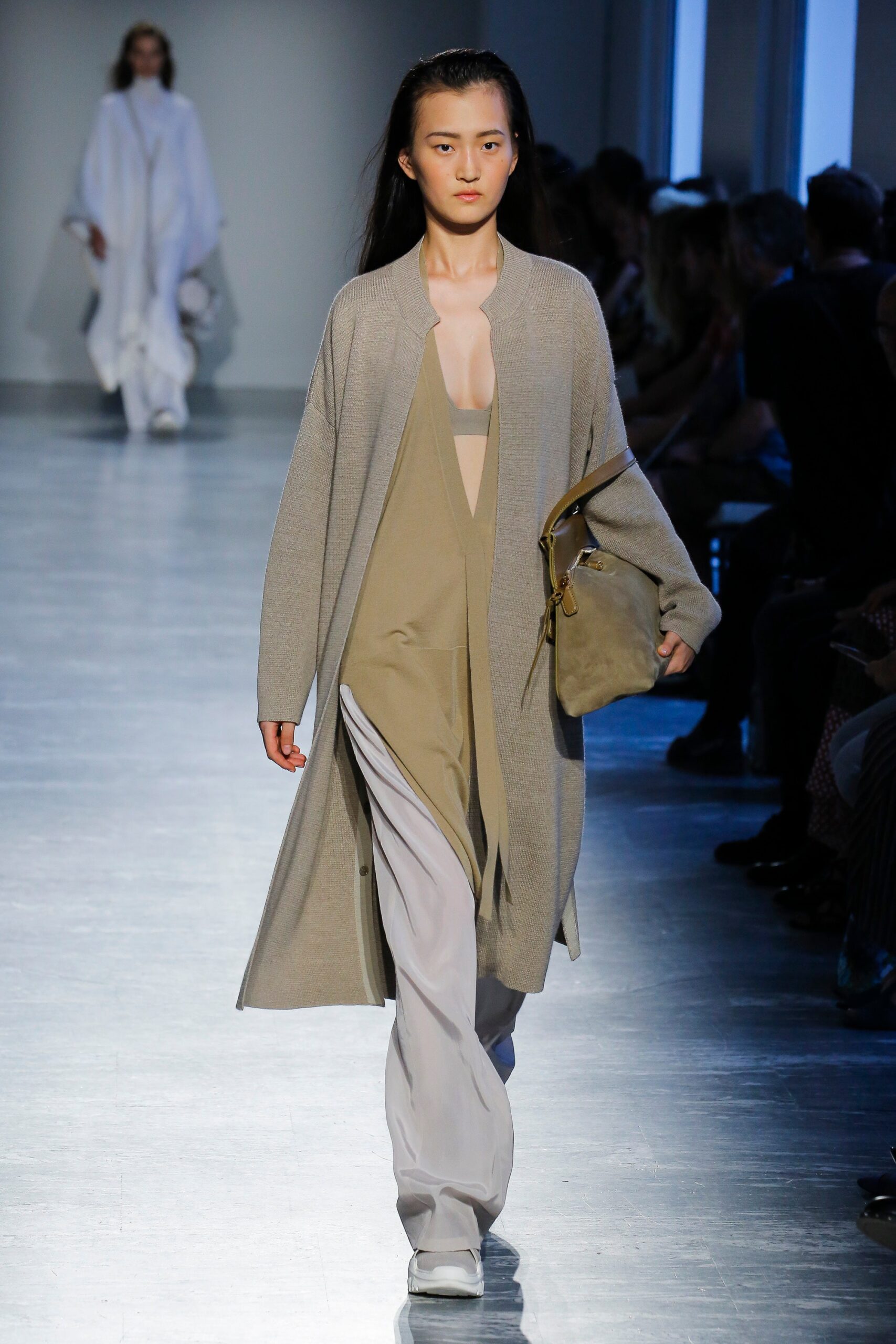 beige wool coat with gray top