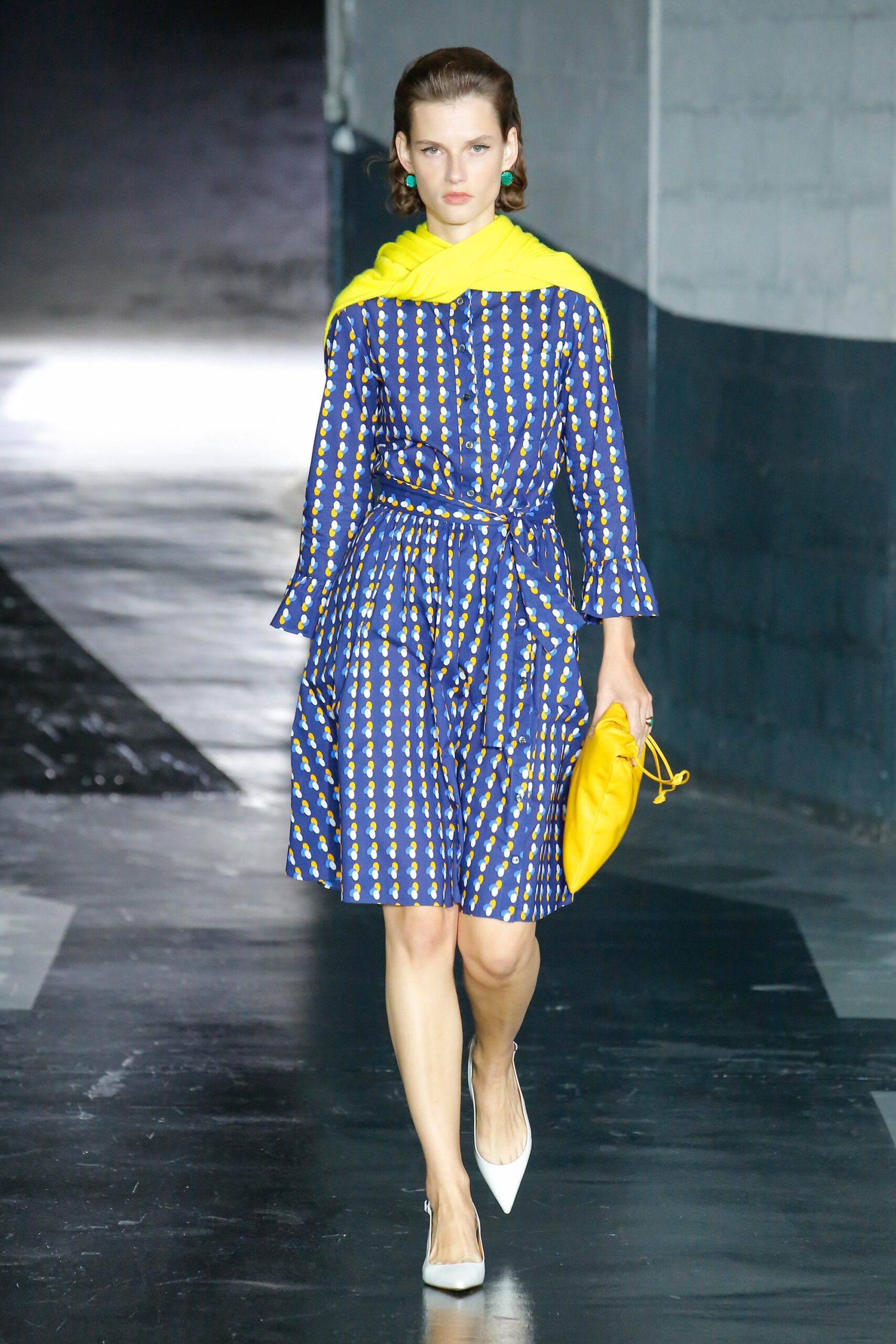 blue and yellow printed midi dress