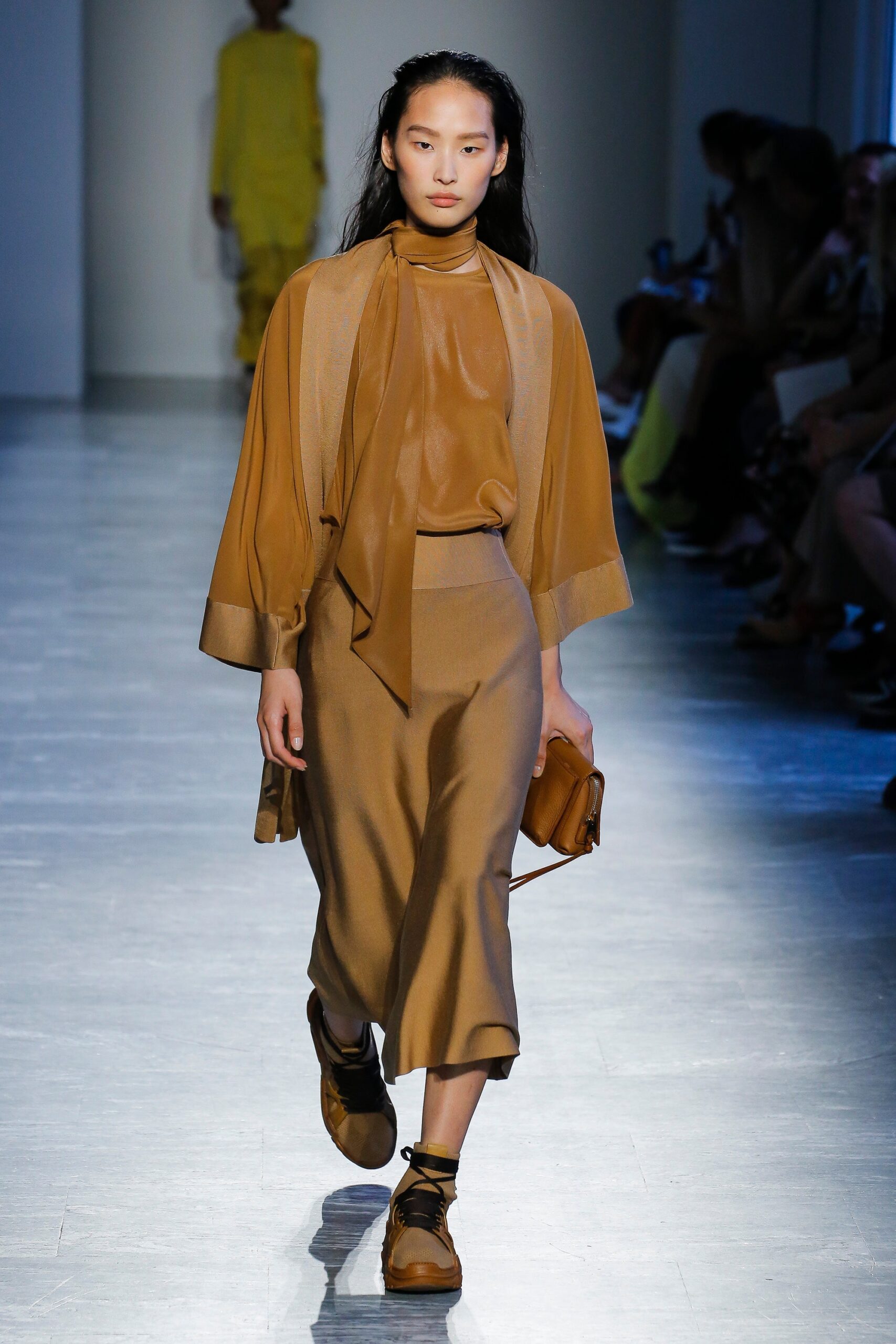 brown silk blouse and skirt
