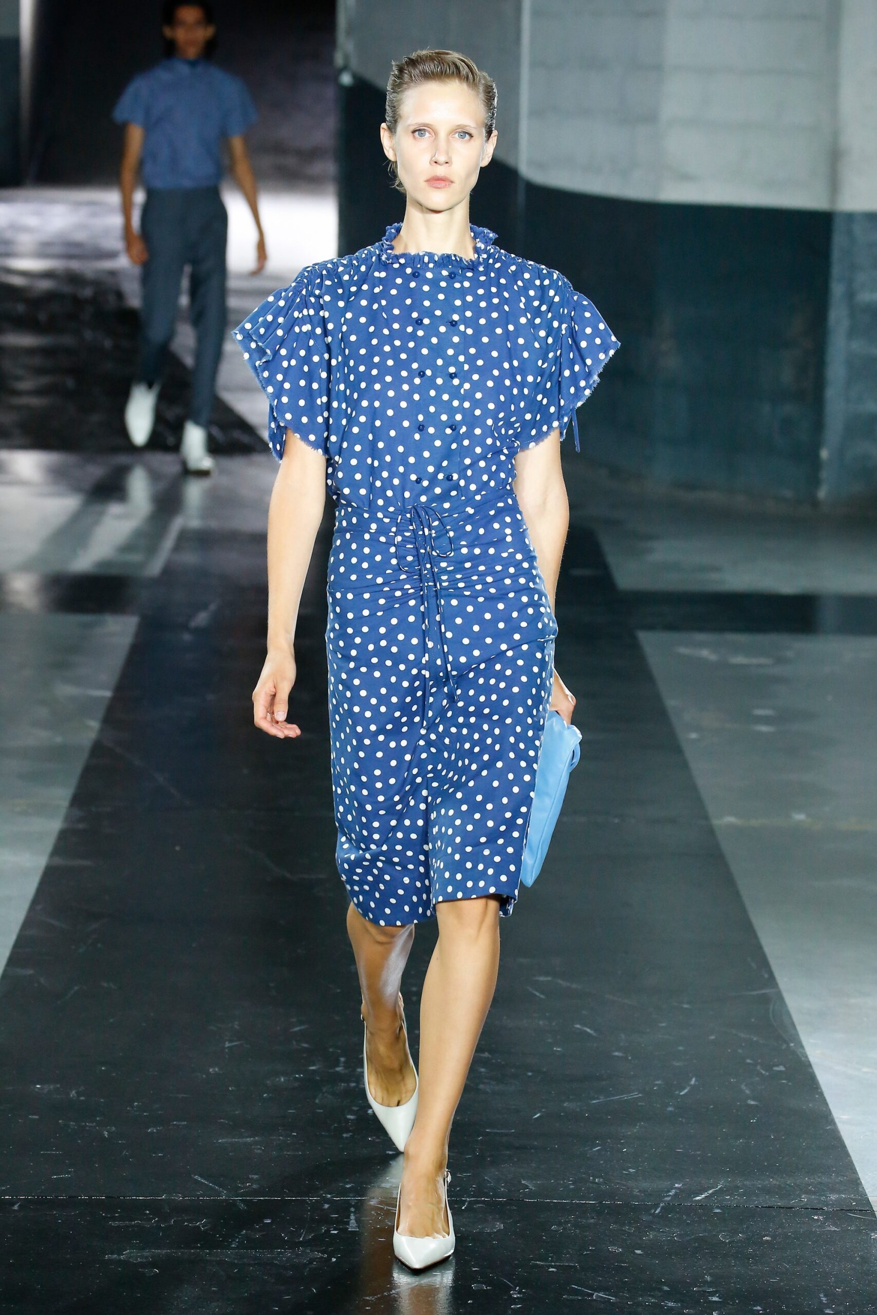 blue and white polka-dot dress