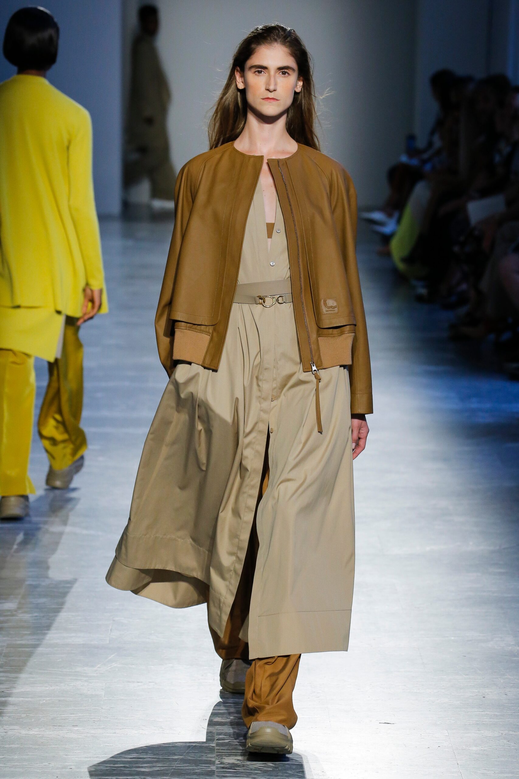 brown leather jacket beige dress