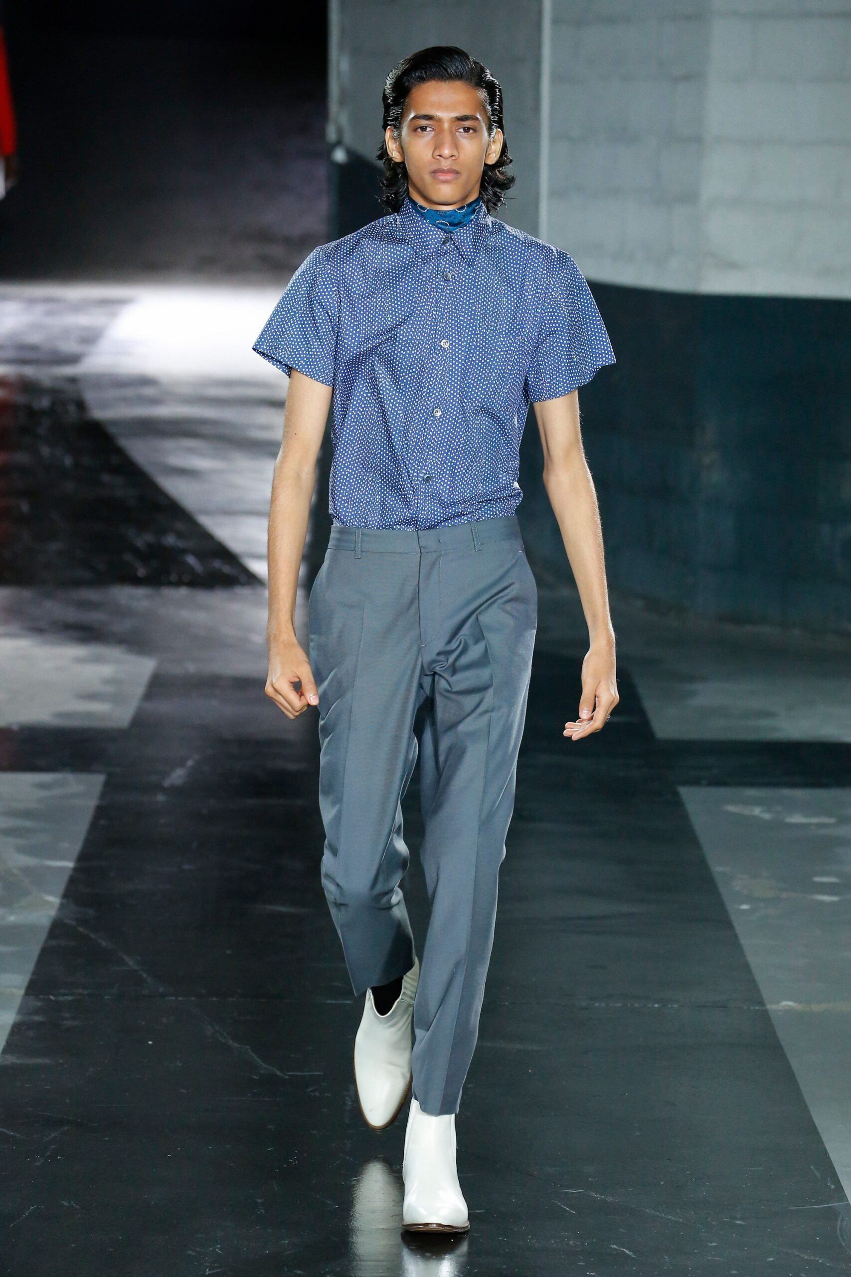 blue printed shirt gray pants