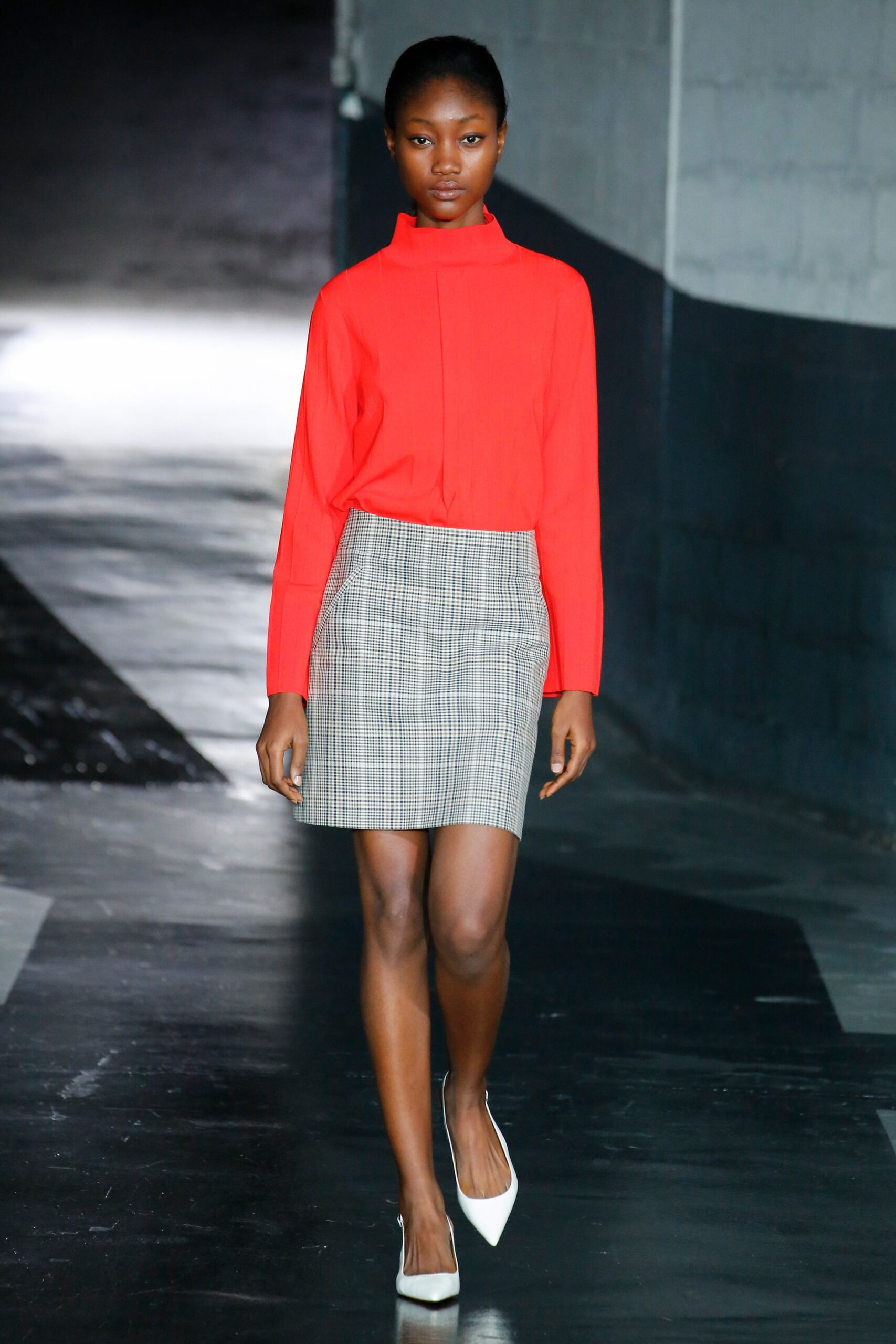 red fitted shirt gray pencil skirt