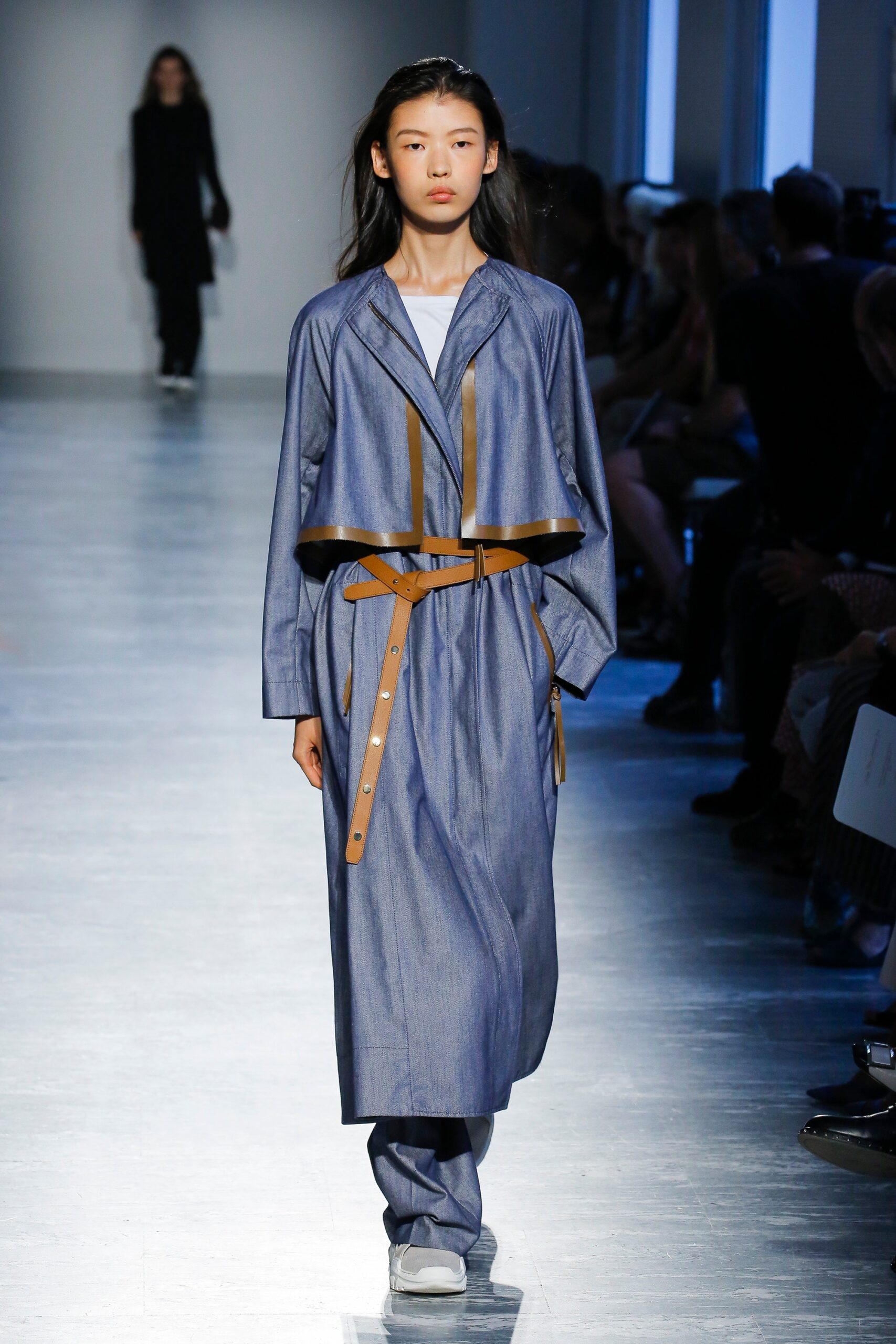 blue denim long-sleeve collared relaxed belted midi coat