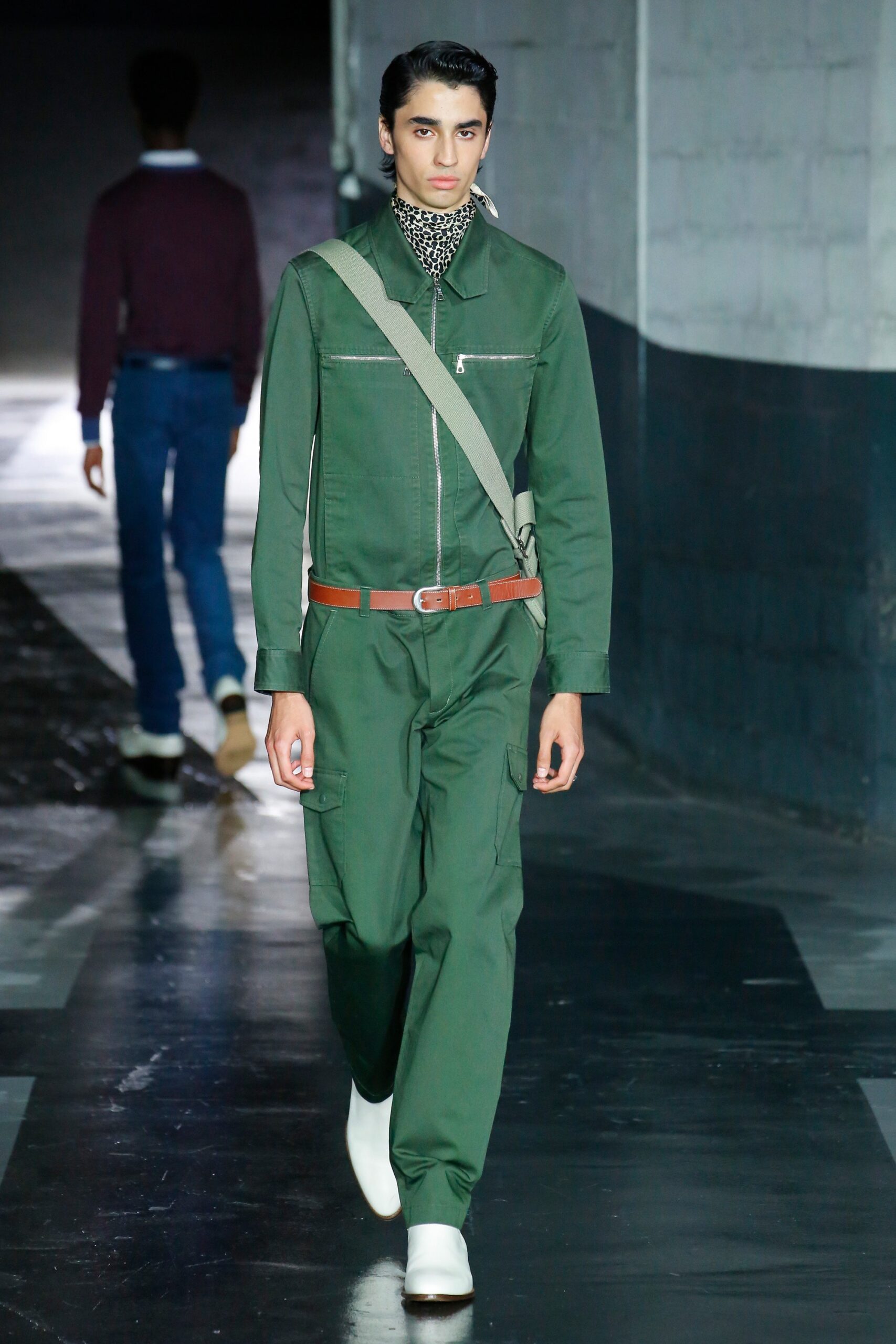 green fitted jumpsuit with belt