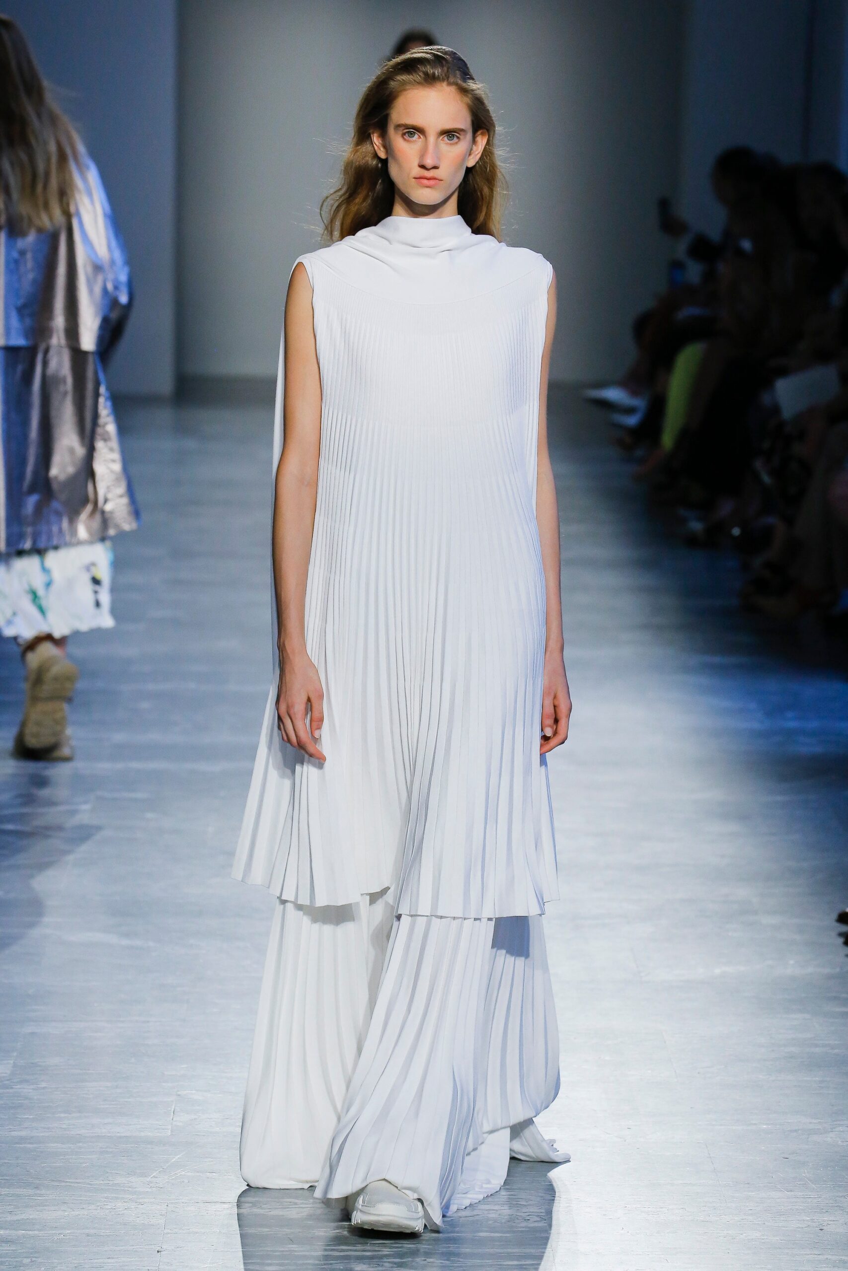 white pleated midi dress