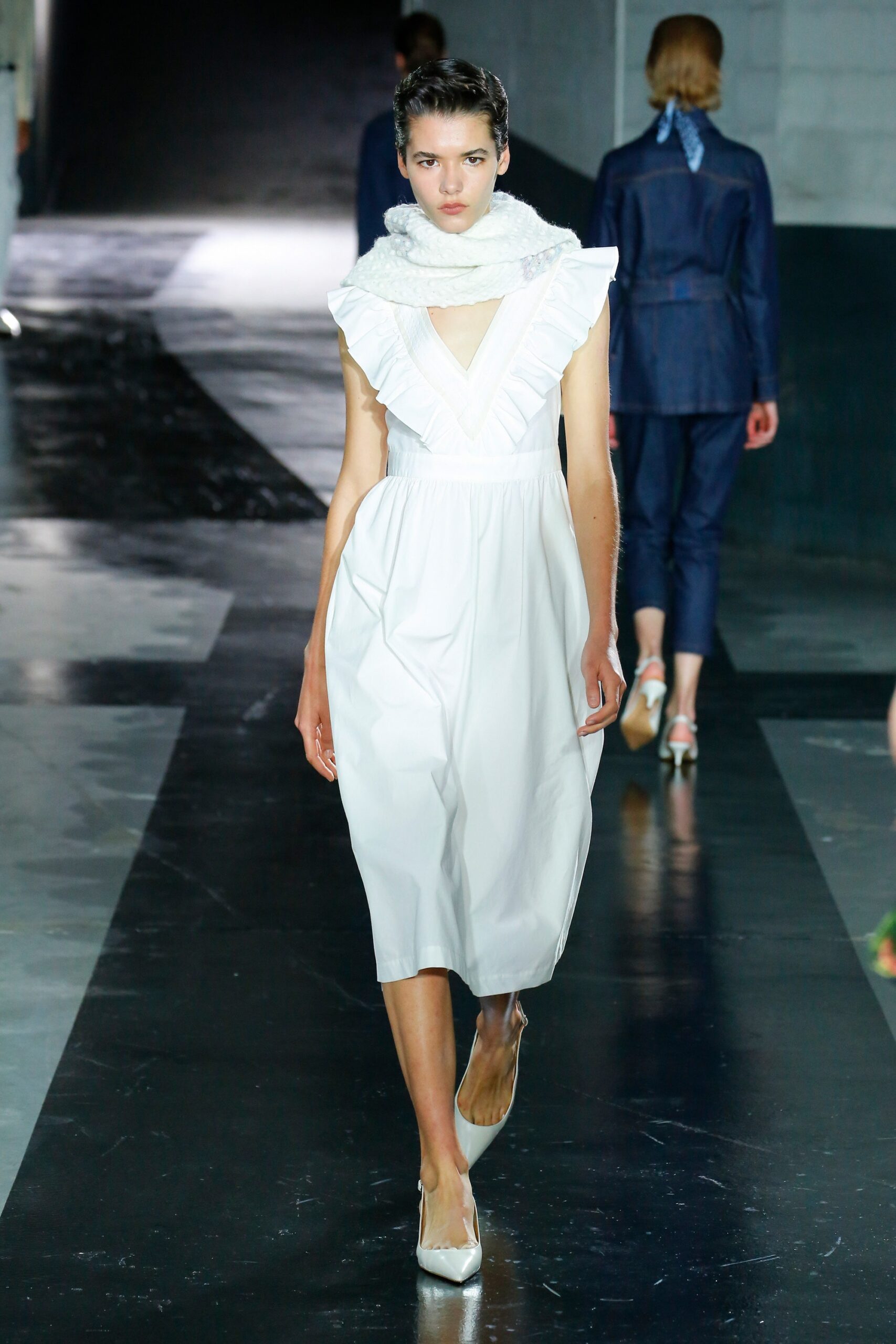 white midi dress with scarf