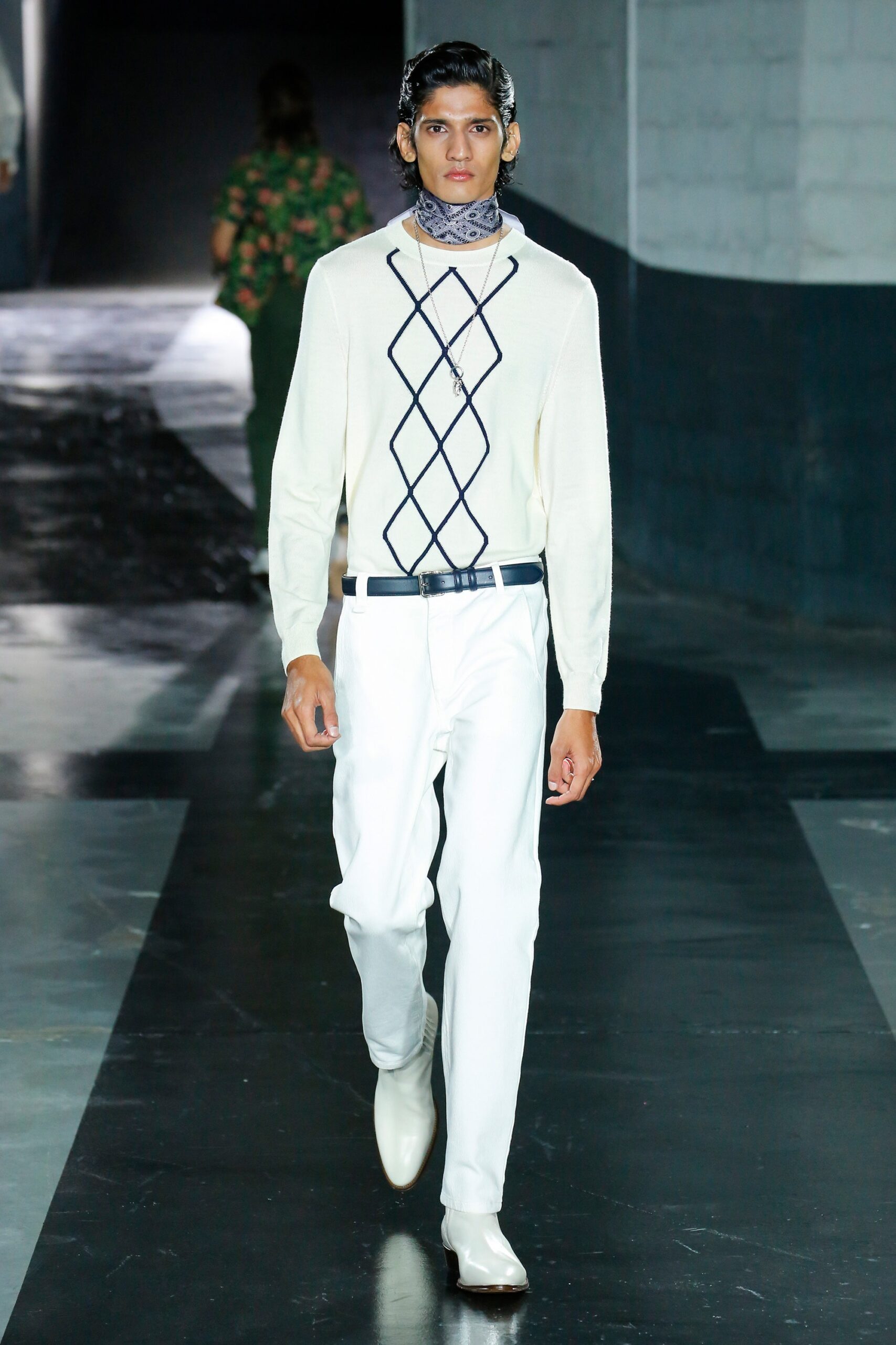 white fitted sweater with tailored pants