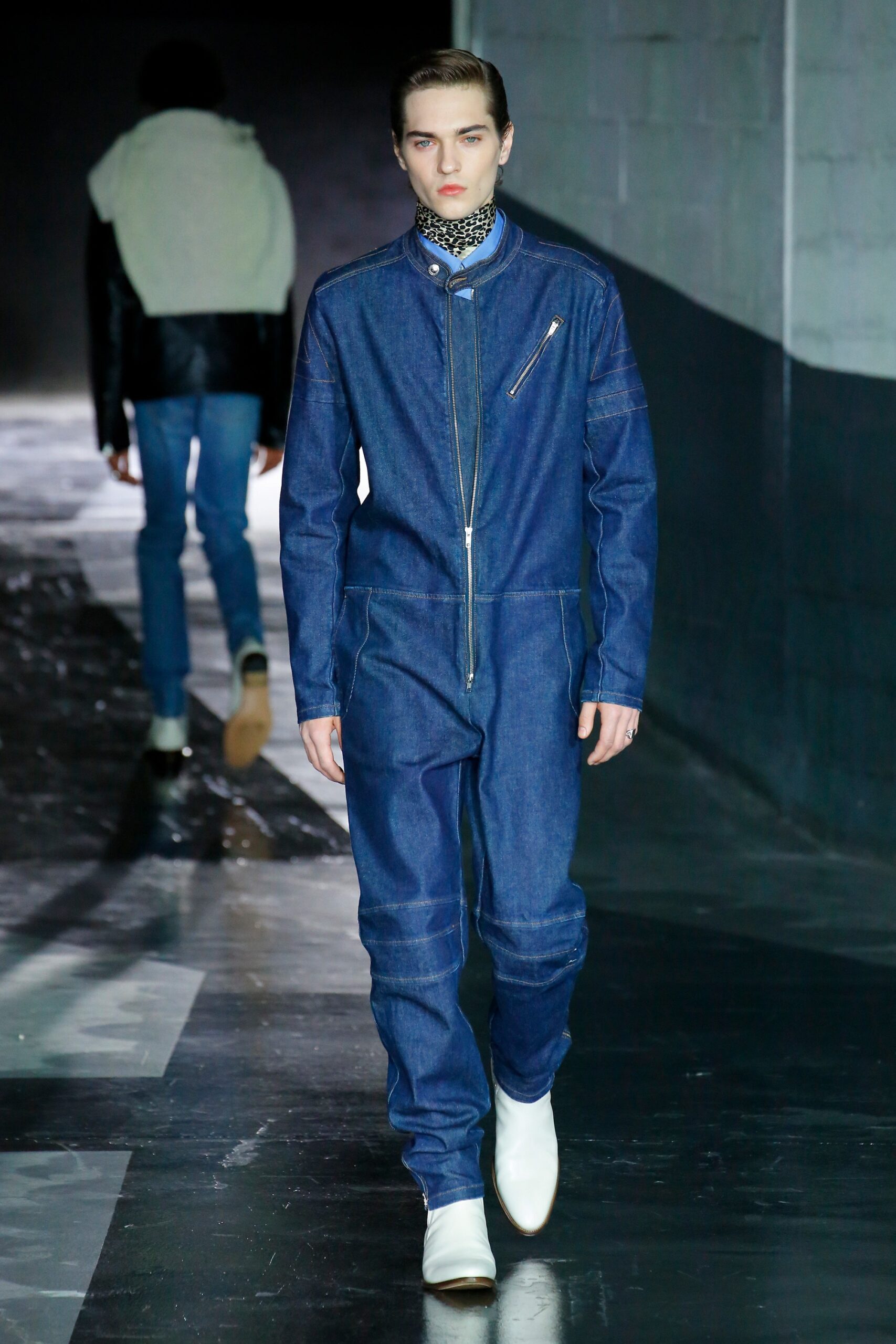 blue denim fitted jumpsuit