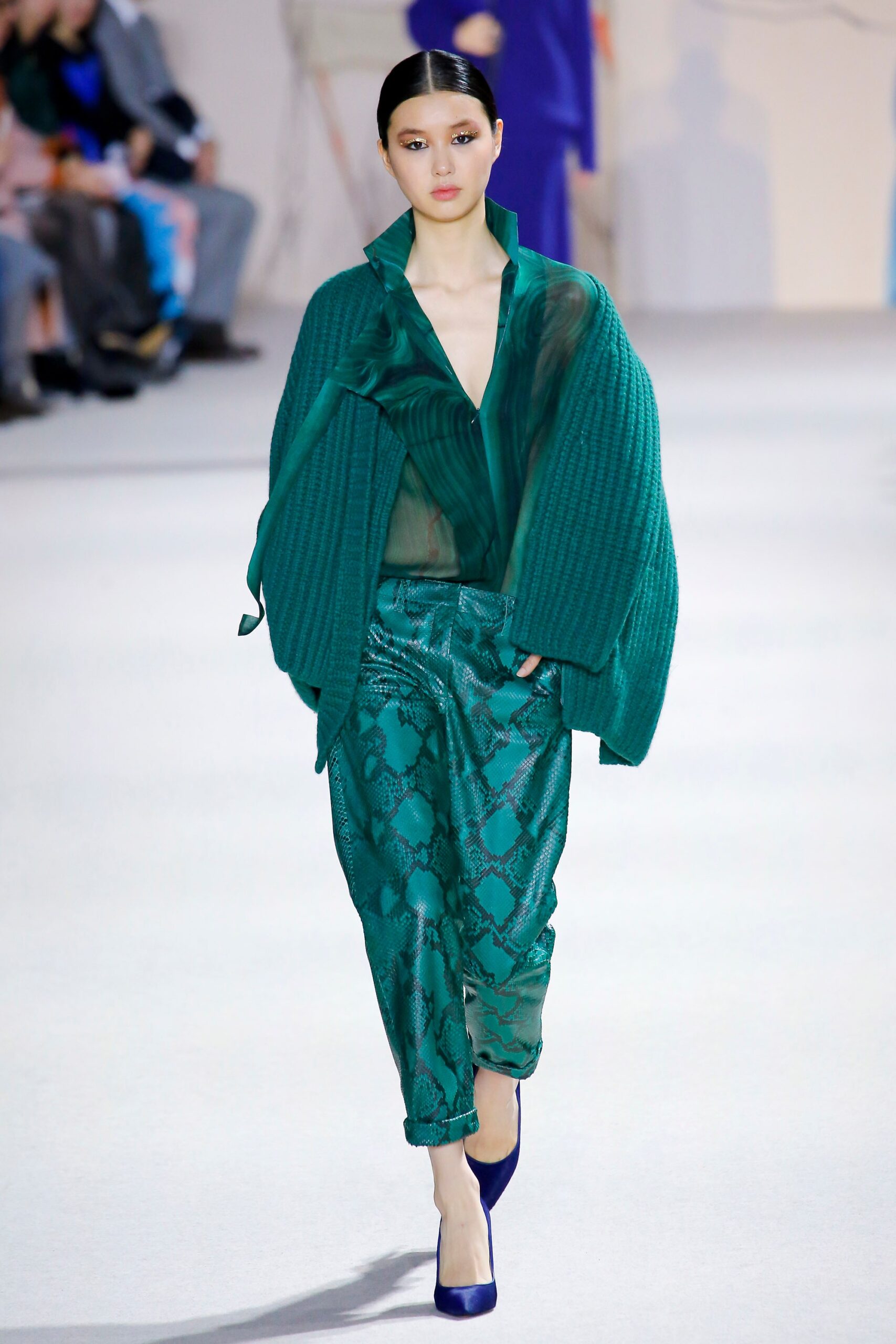 green silk long-sleeve v-neck relaxed draped sheer shirt