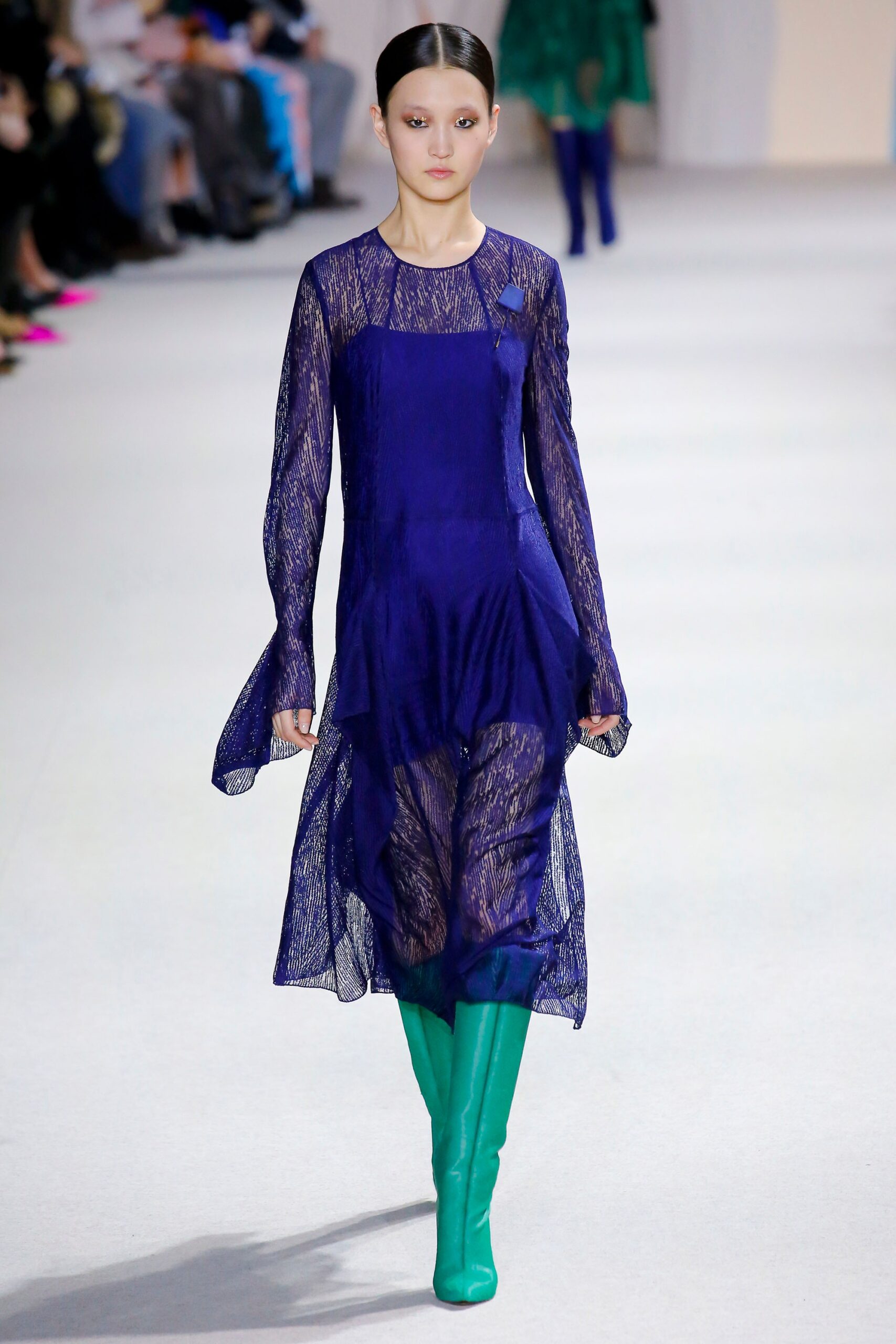 blue lace long-sleeve v-neck relaxed layered sheer dress