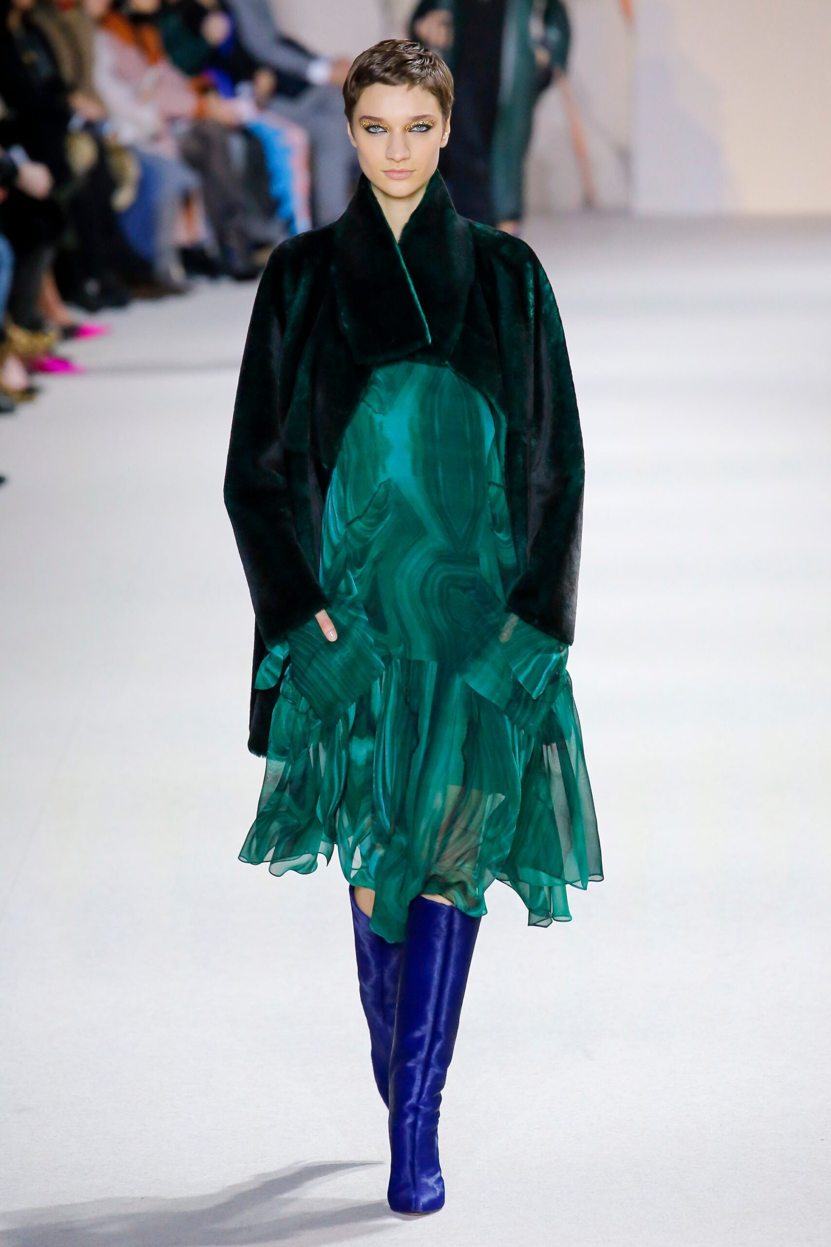 green silk sleeveless v-neck fitted layered draped dress