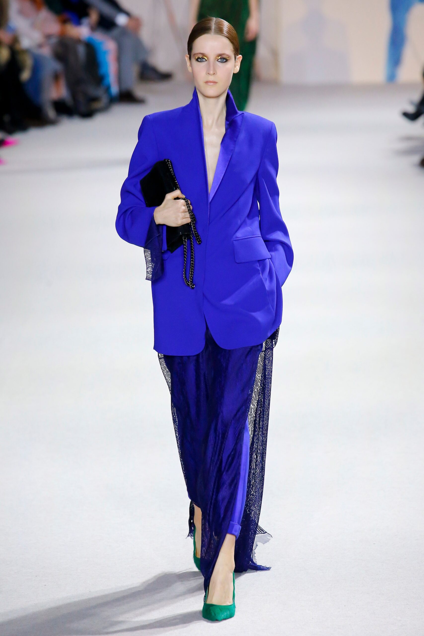 blue tailored blazer with purple skirt