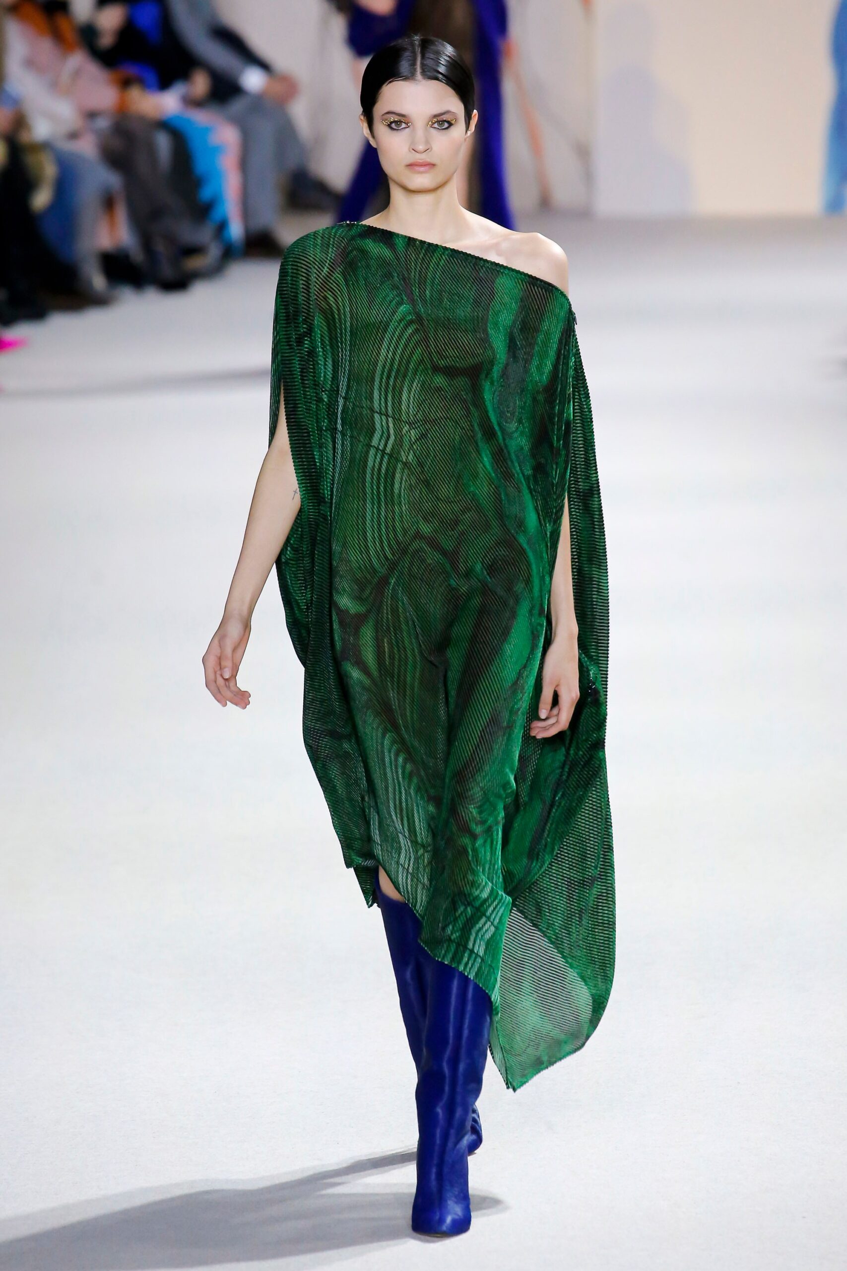 green silk sleeveless off-shoulder relaxed draped flowing dress