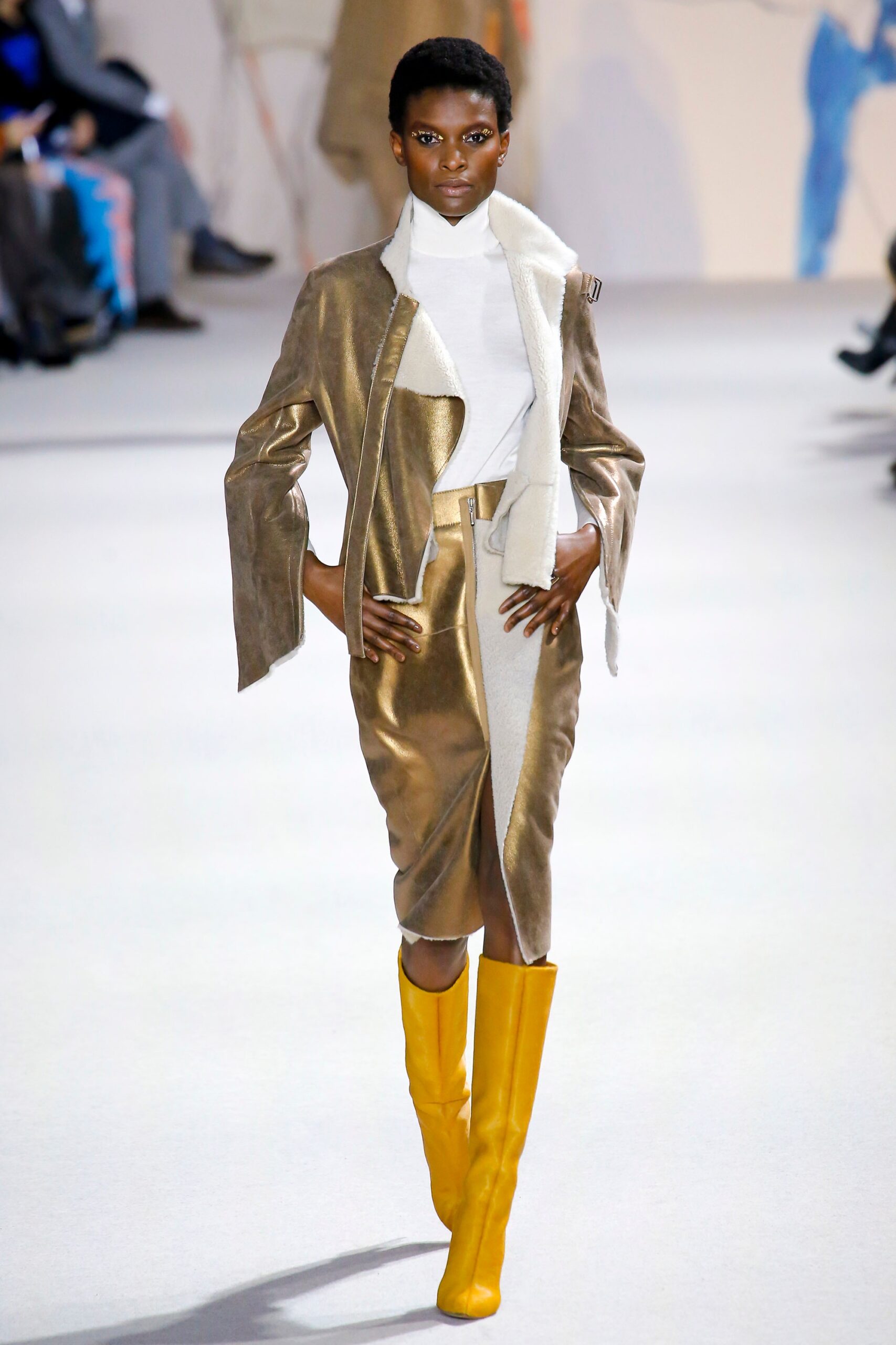 gold leather long-sleeve collared fitted zippered layered coat