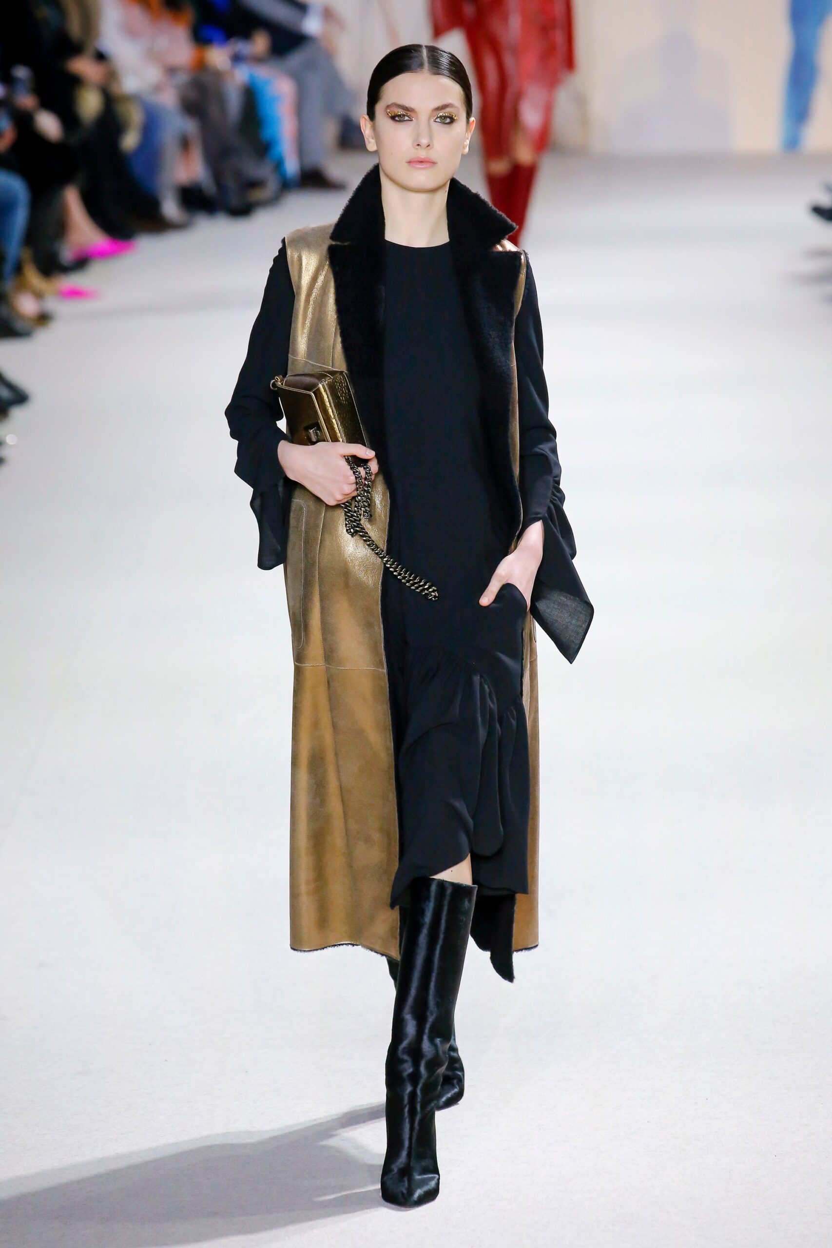 gold leather long-sleeve collared relaxed layered coat