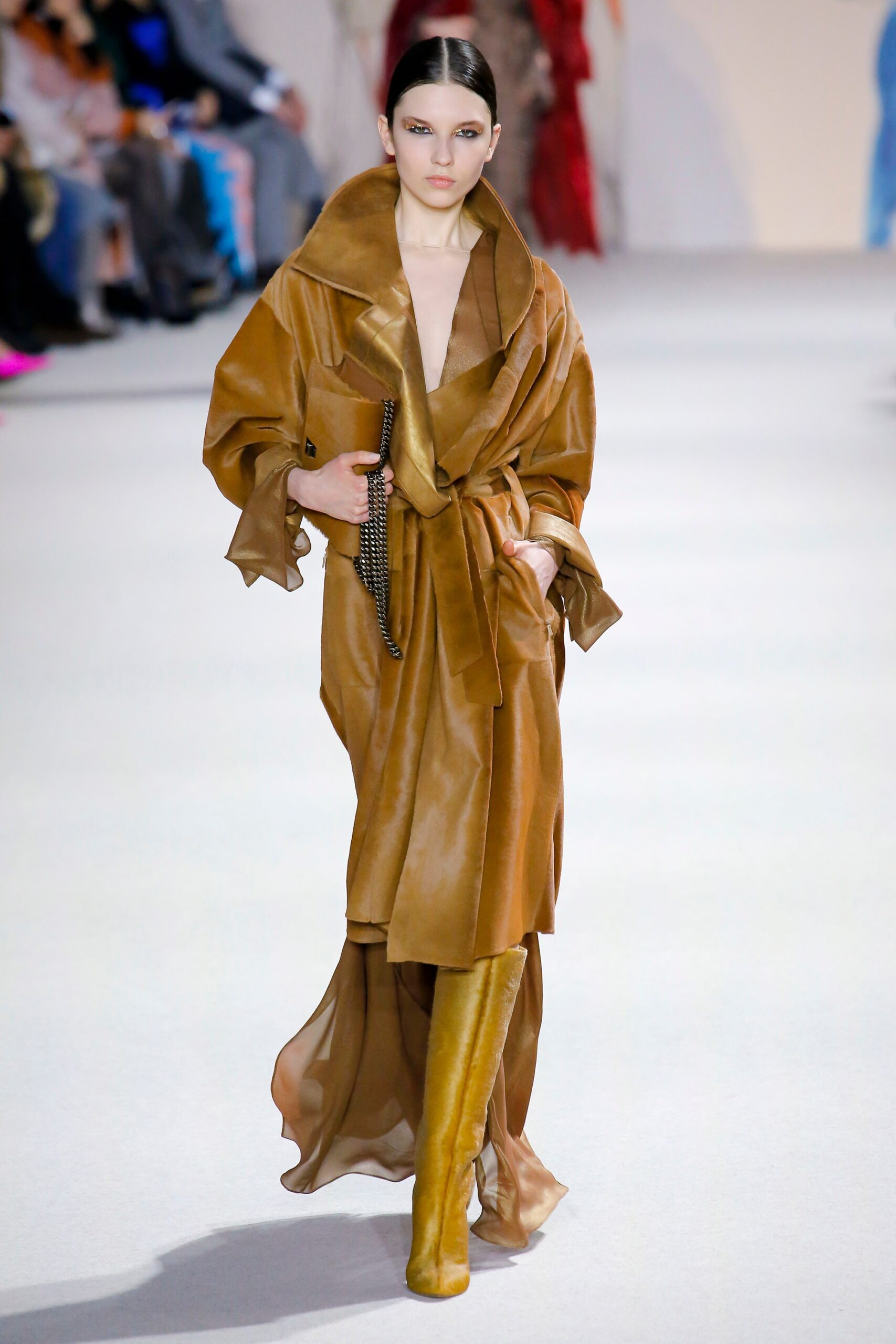 brown silk long-sleeve v-neck relaxed draped belted coat