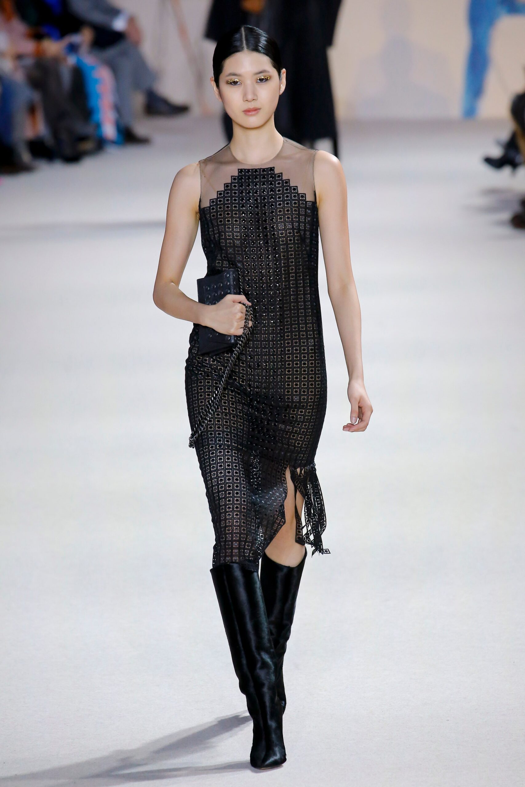 black mesh sleeveless v-neck fitted layered fringed dress