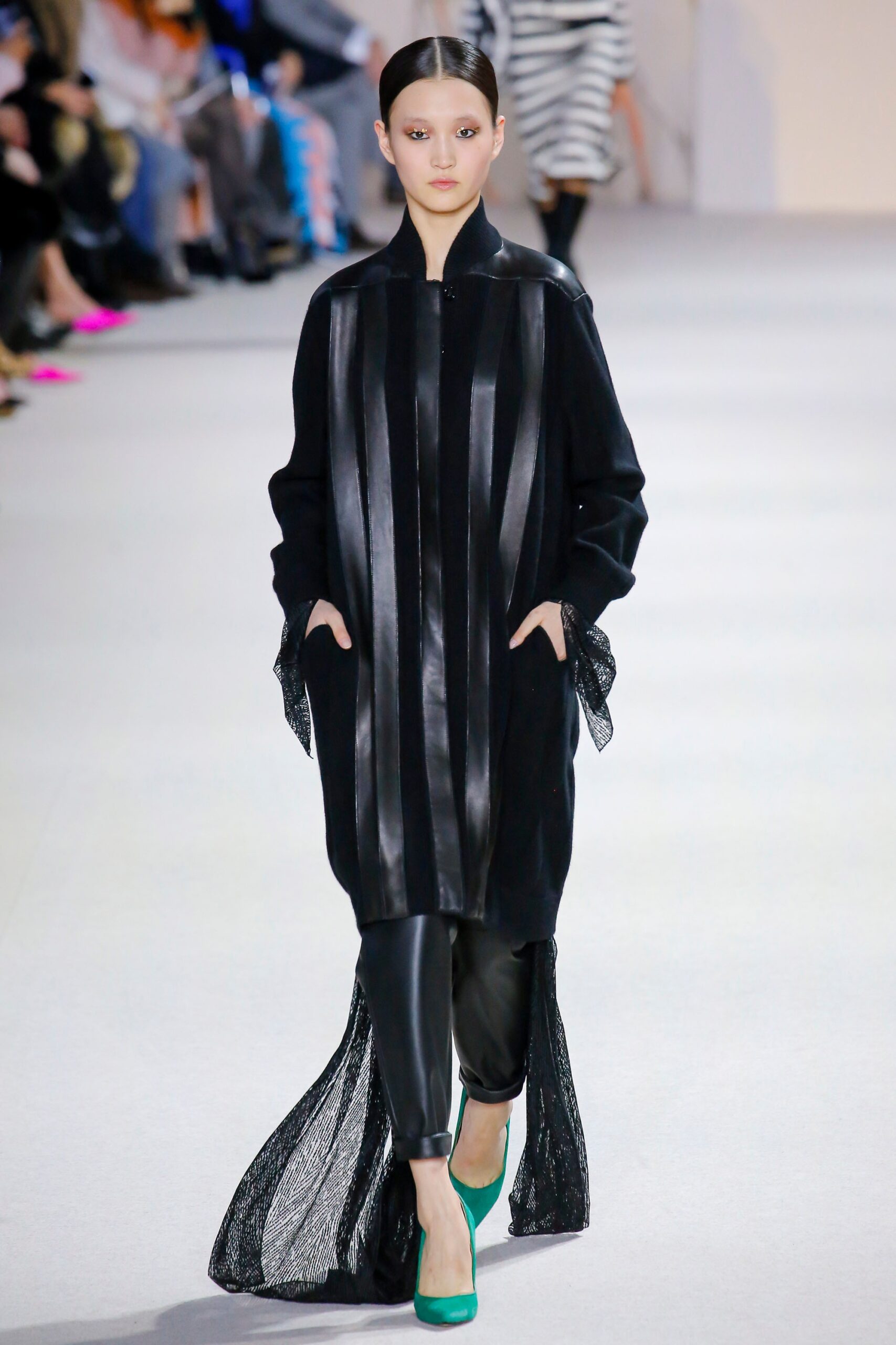 black silk long-sleeve collared relaxed layered midi coat