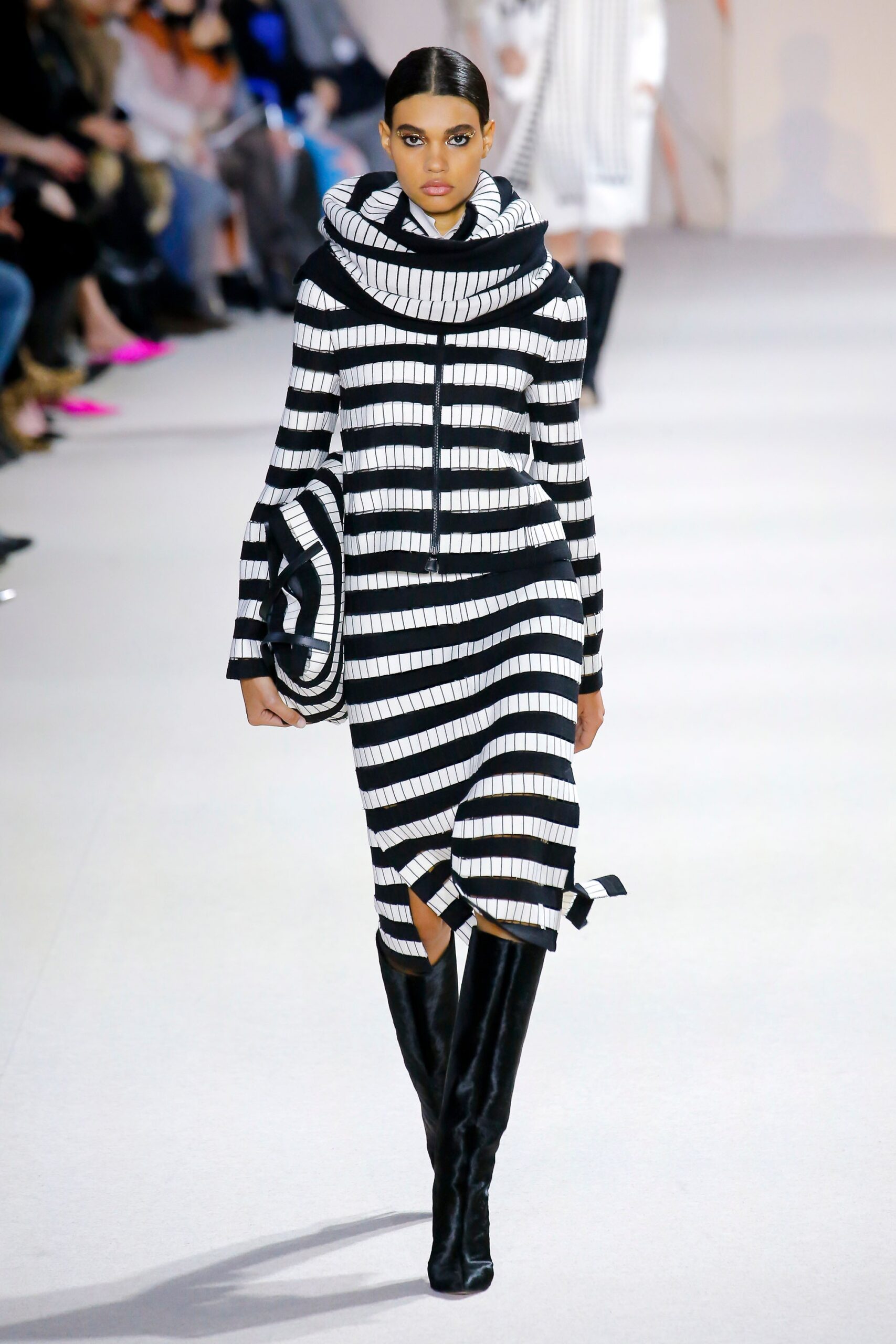 black cotton long-sleeve high-neck fitted striped midi dress
