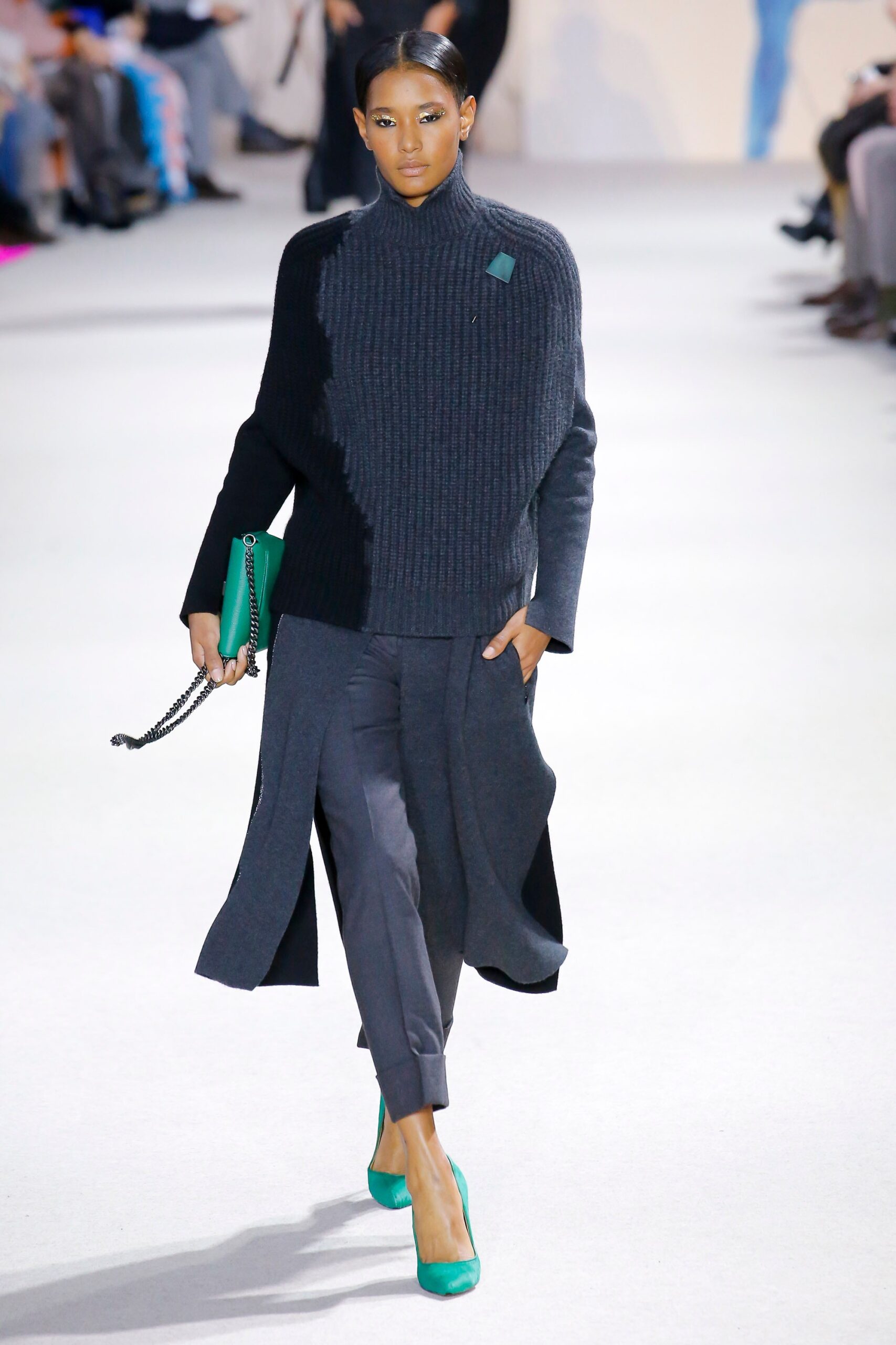 black wool long-sleeve high-neck relaxed draped coat