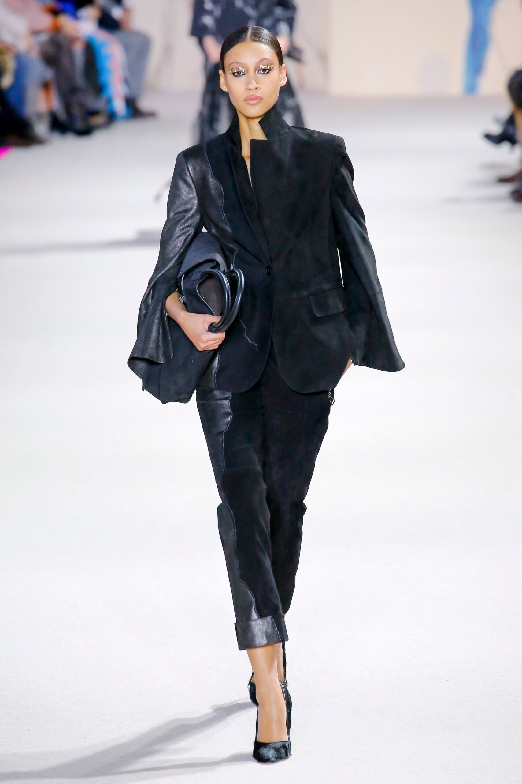 black leather long-sleeve collared fitted structured buttoned suit
