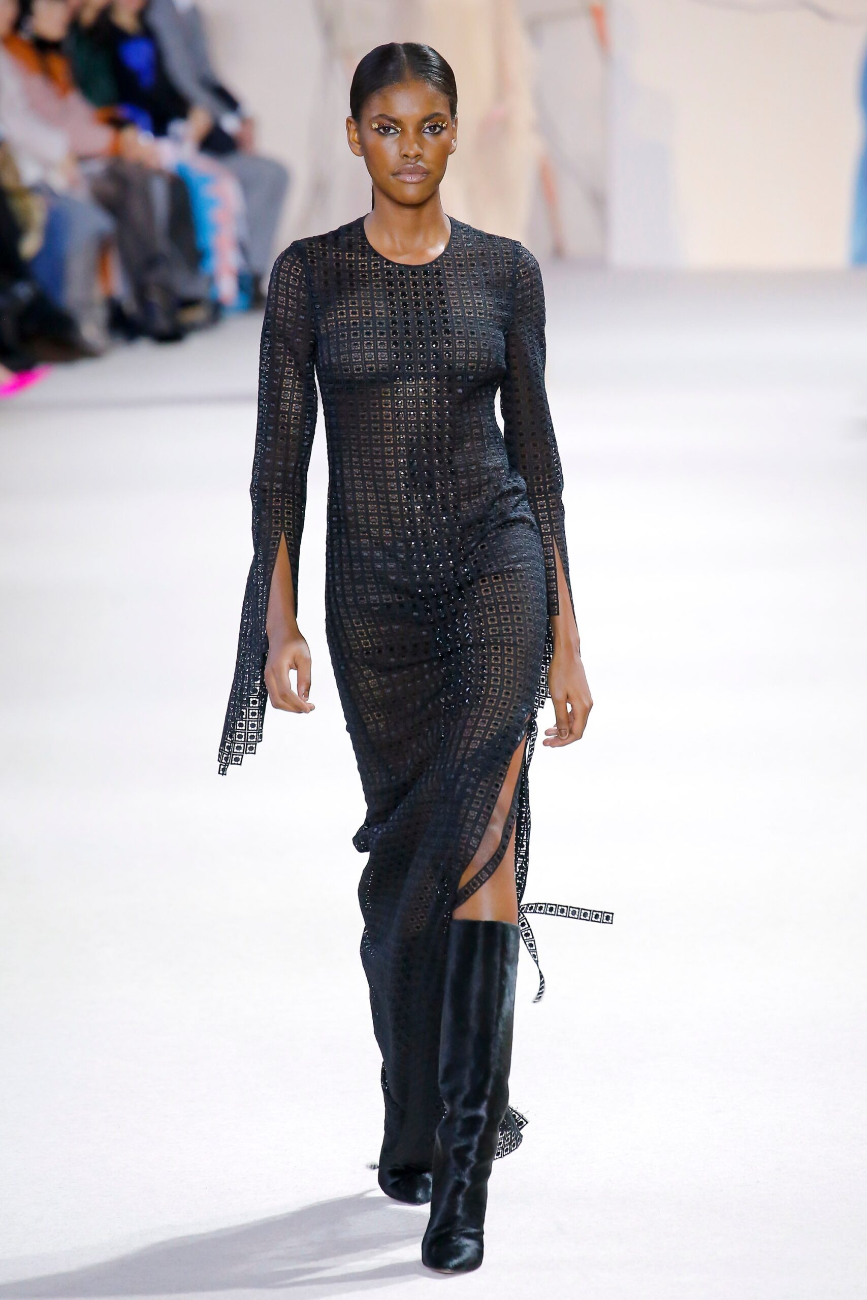 black mesh long-sleeve v-neck fitted layered zippered dress