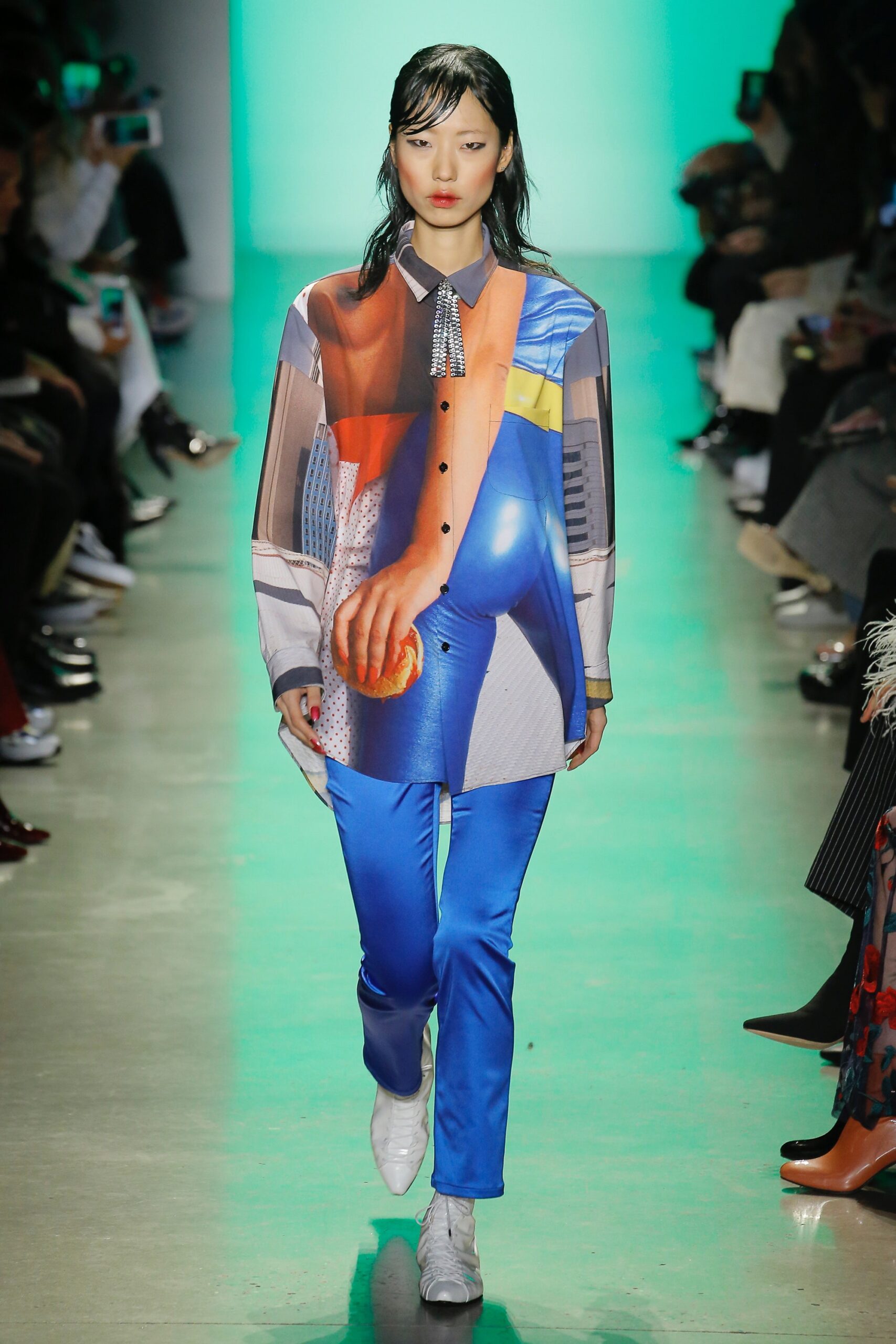 multi-colored silk shirt and blue pants