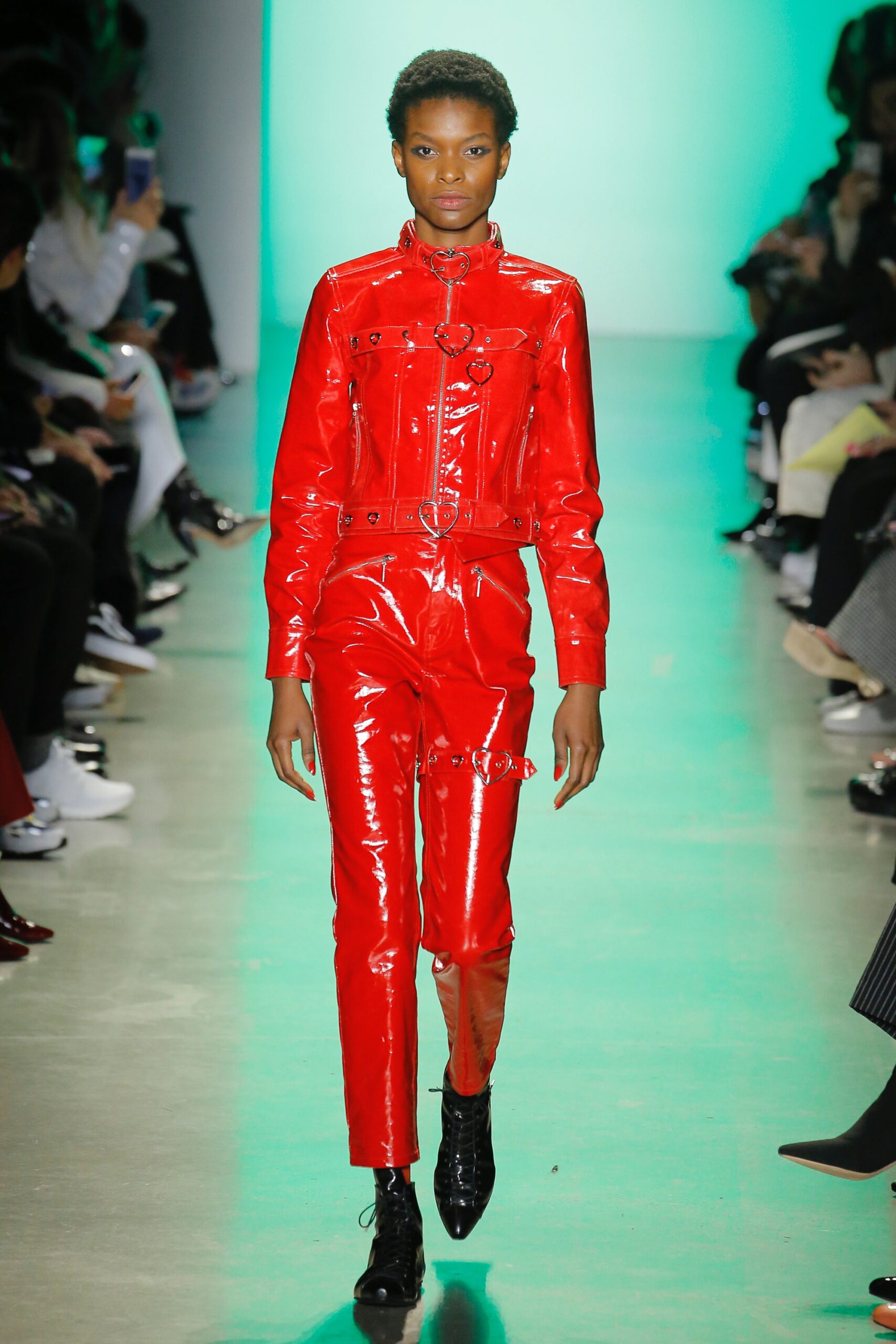 red vinyl fitted jumpsuit