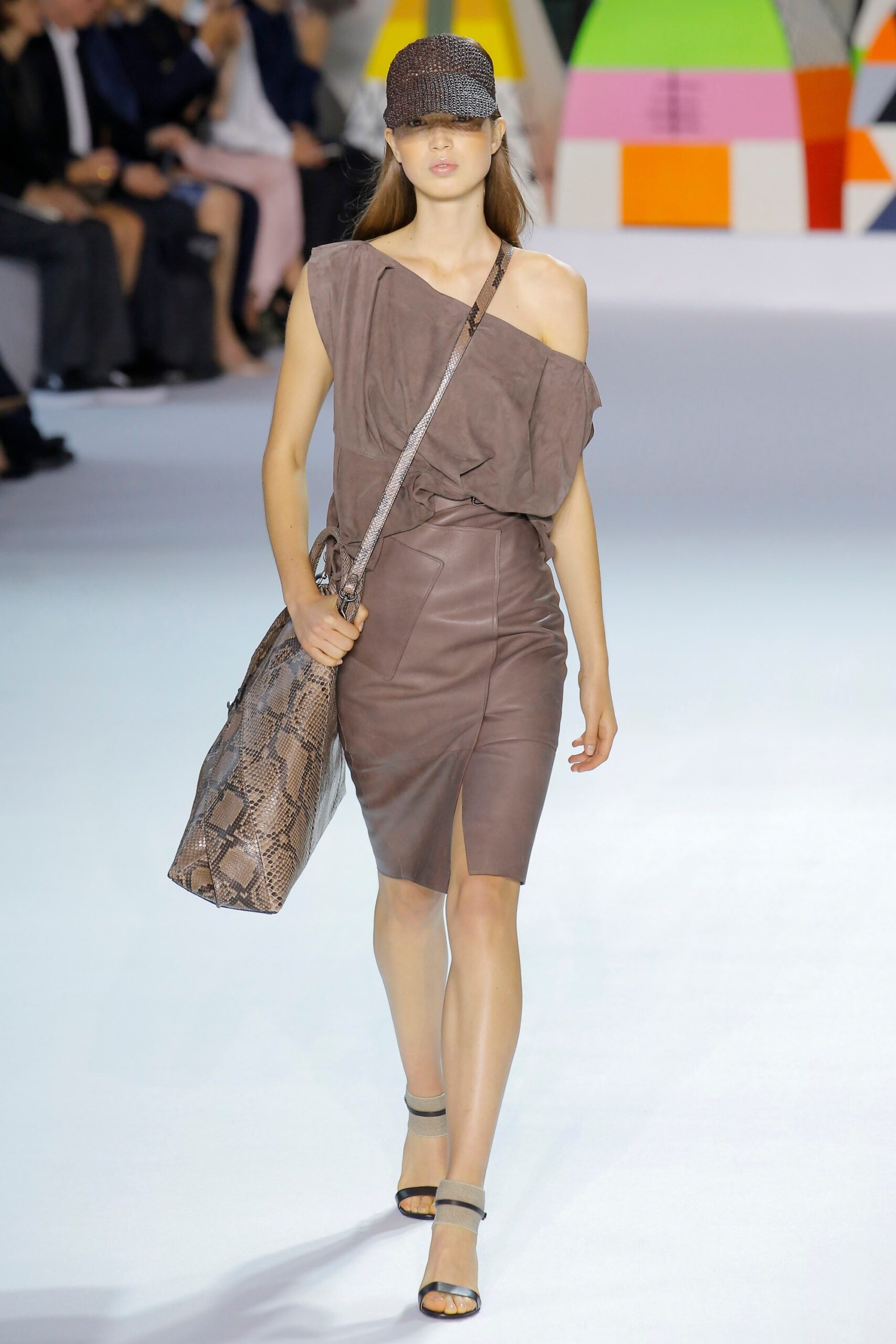 brown leather sleeveless off-shoulder fitted pencil midi dress