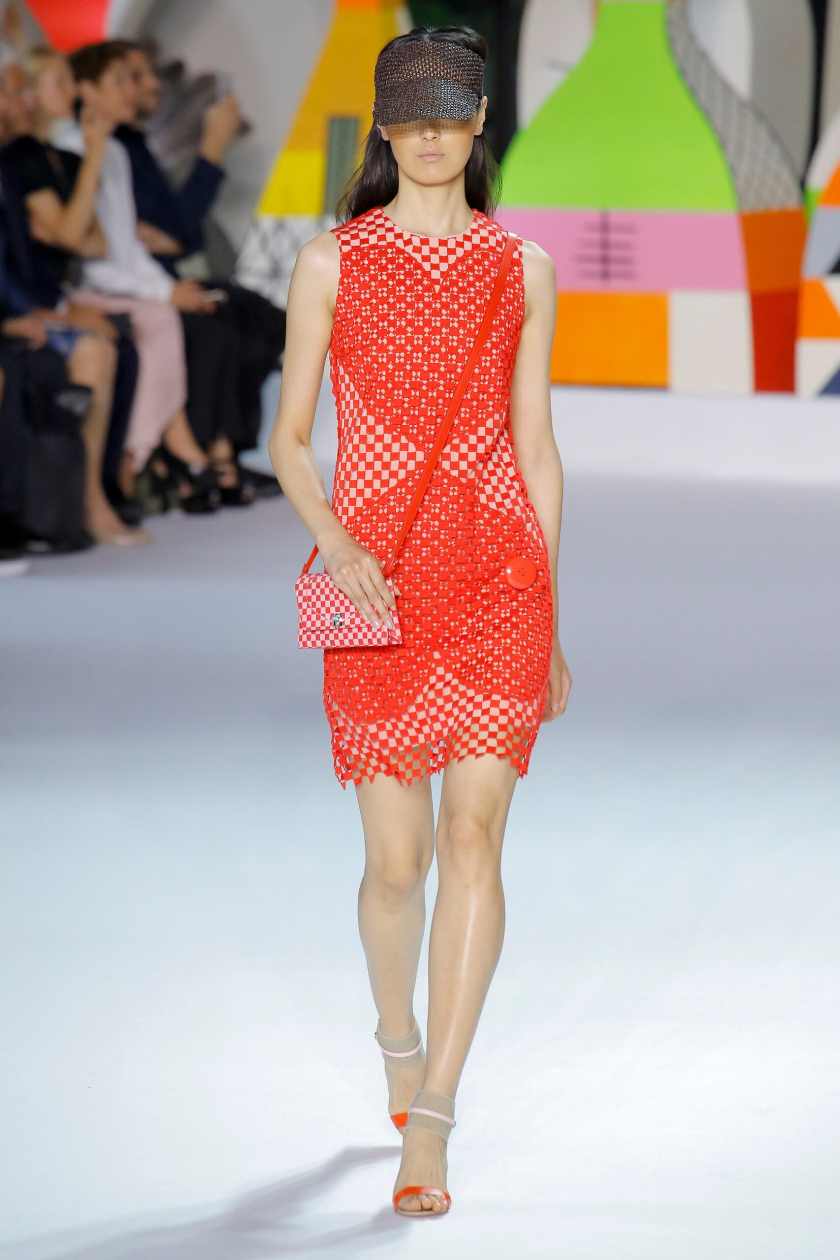 red mesh sleeveless high-neck fitted layered sheer dress