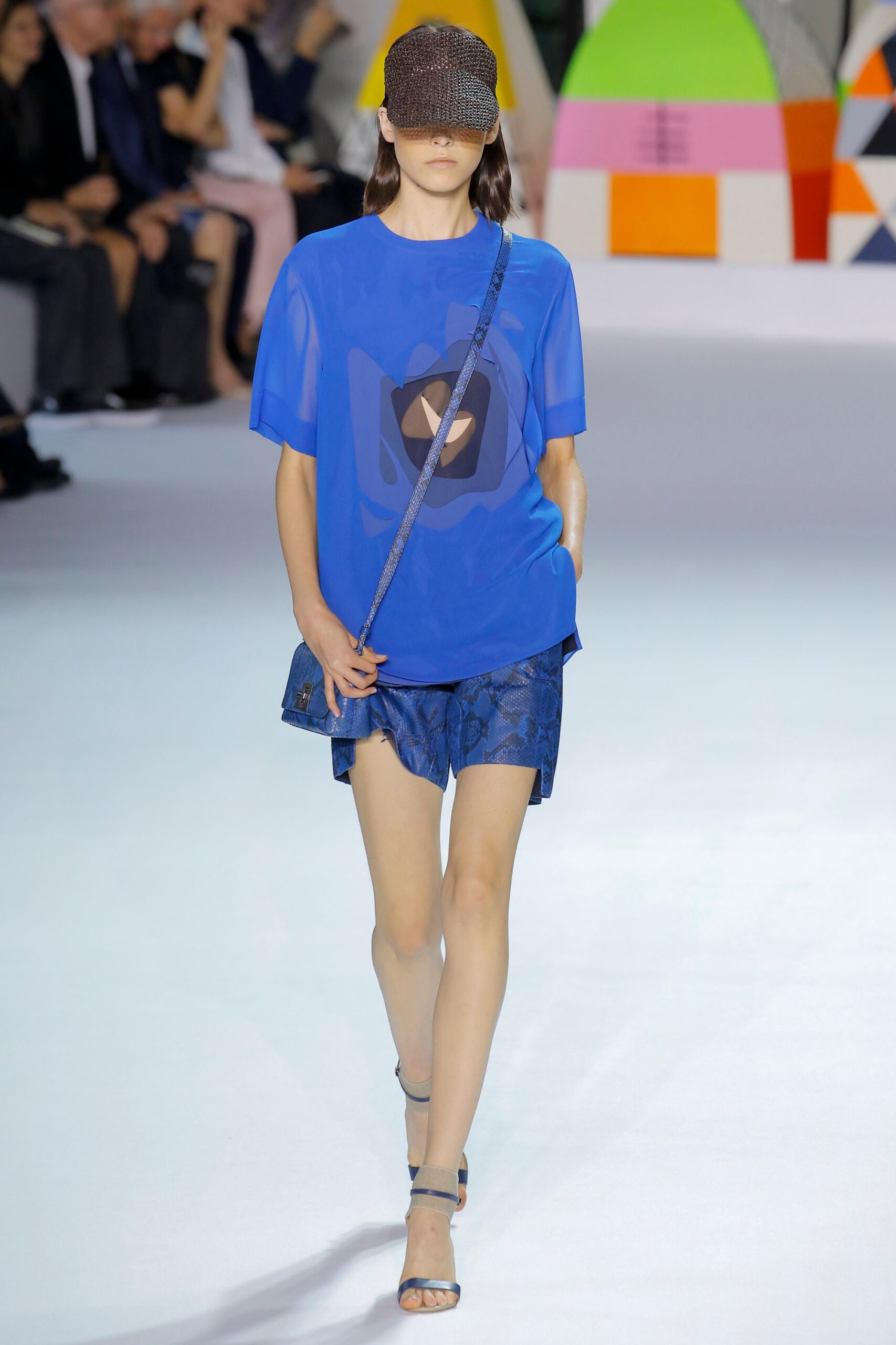 blue silk short-sleeve scoop-neck relaxed printed sheer top