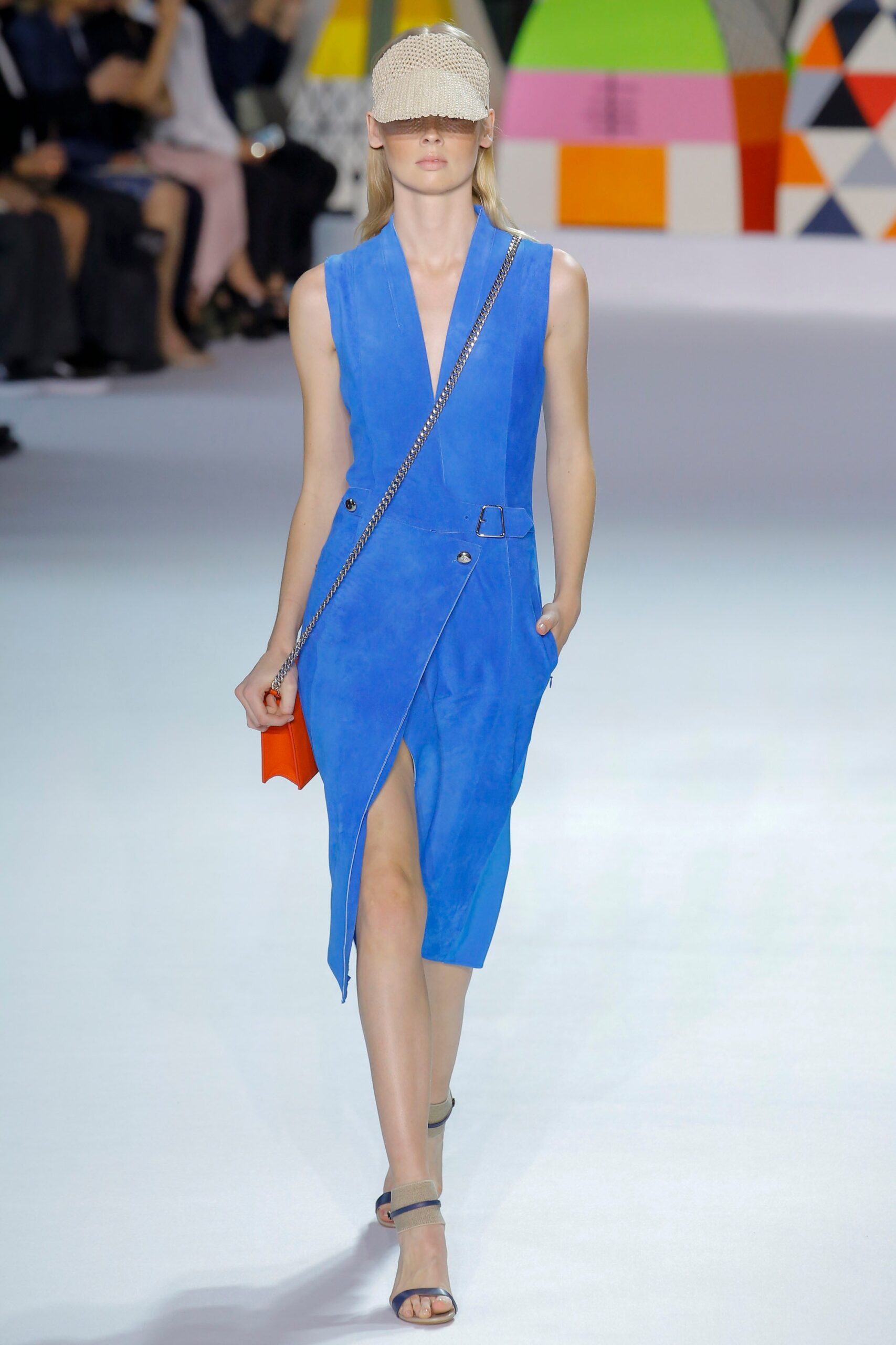 blue suede sleeveless v-neck fitted zippered midi dress