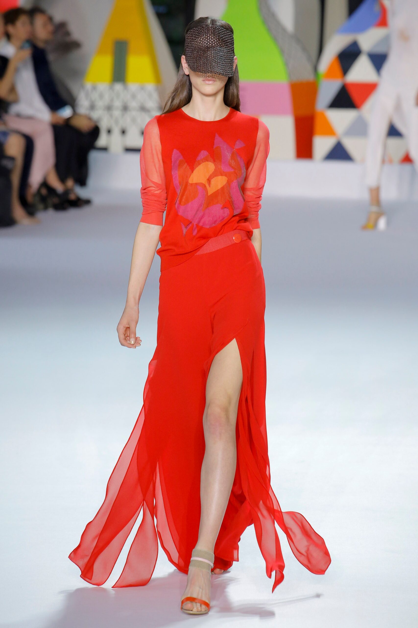 red chiffon sleeveless v-neck fitted layered flowing dress