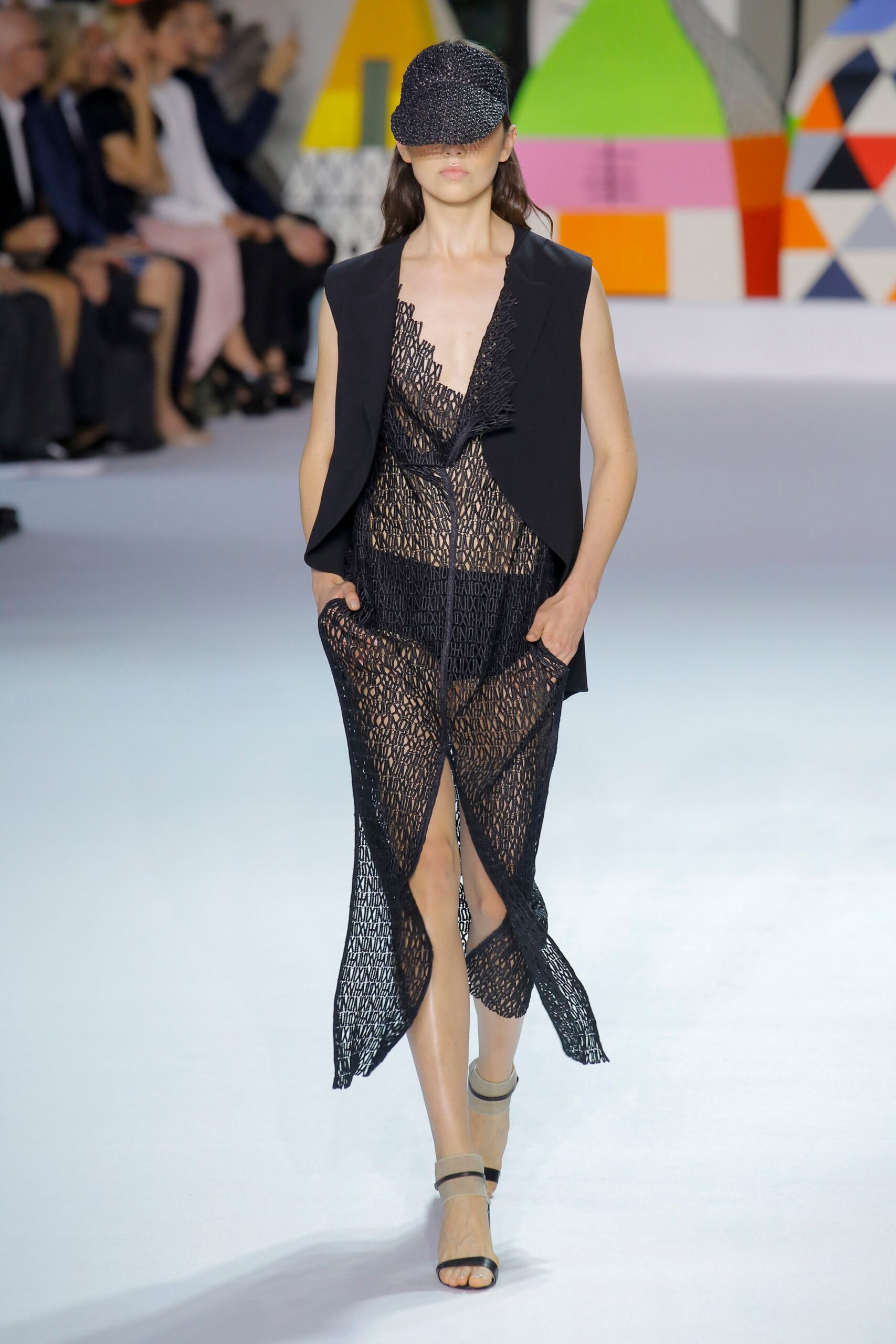 black lace sleeveless v-neck fitted draped sheer dress