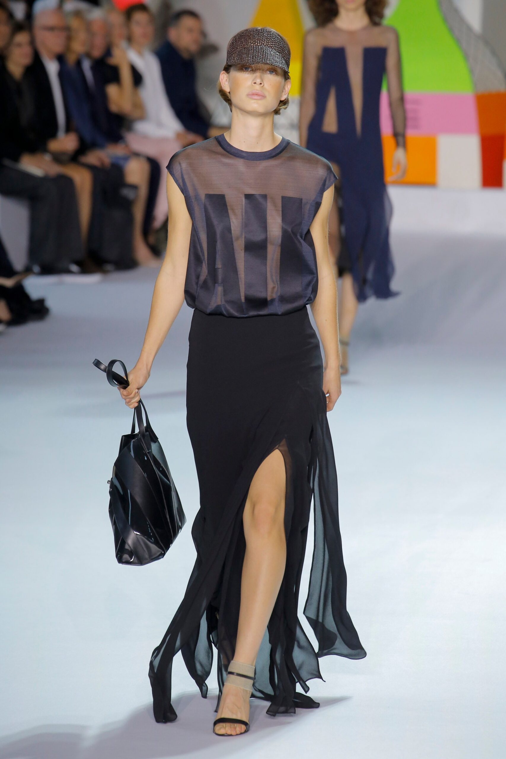 black silk slit fitted high-waisted layered flowing skirt