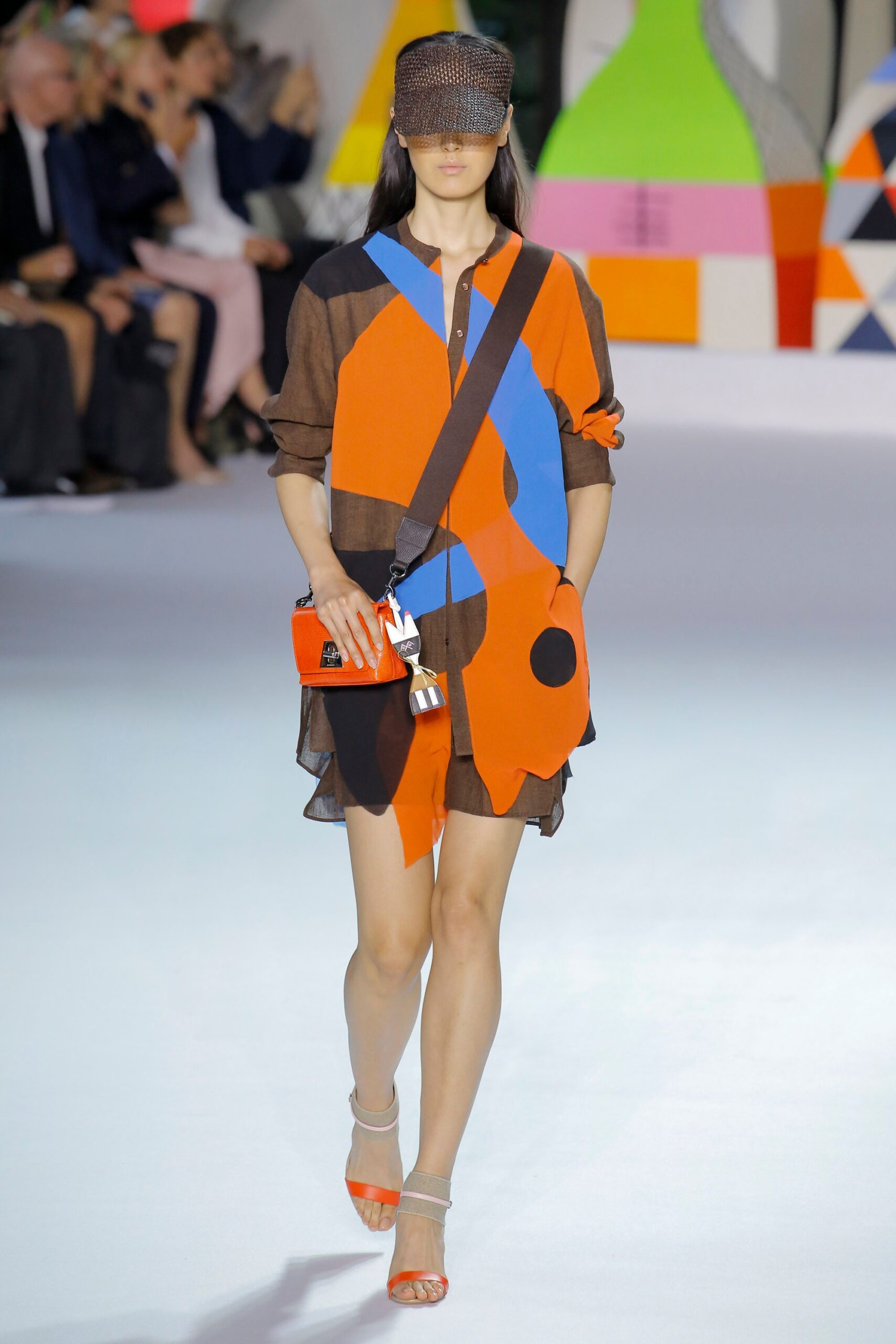 brown cotton long-sleeve collared relaxed color-blocked short shirt-dress