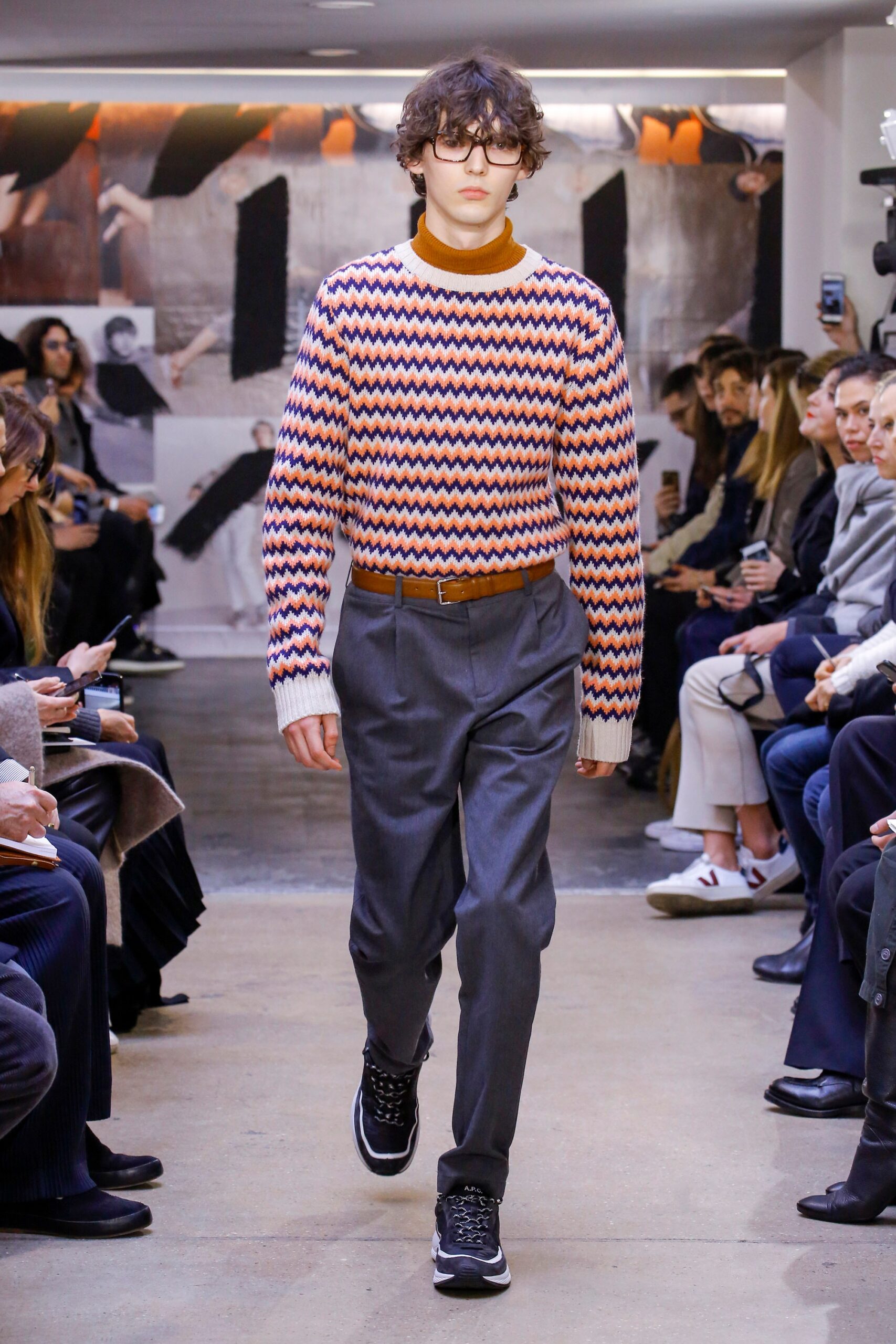 orange cotton long-sleeve collared relaxed zigzag sweater