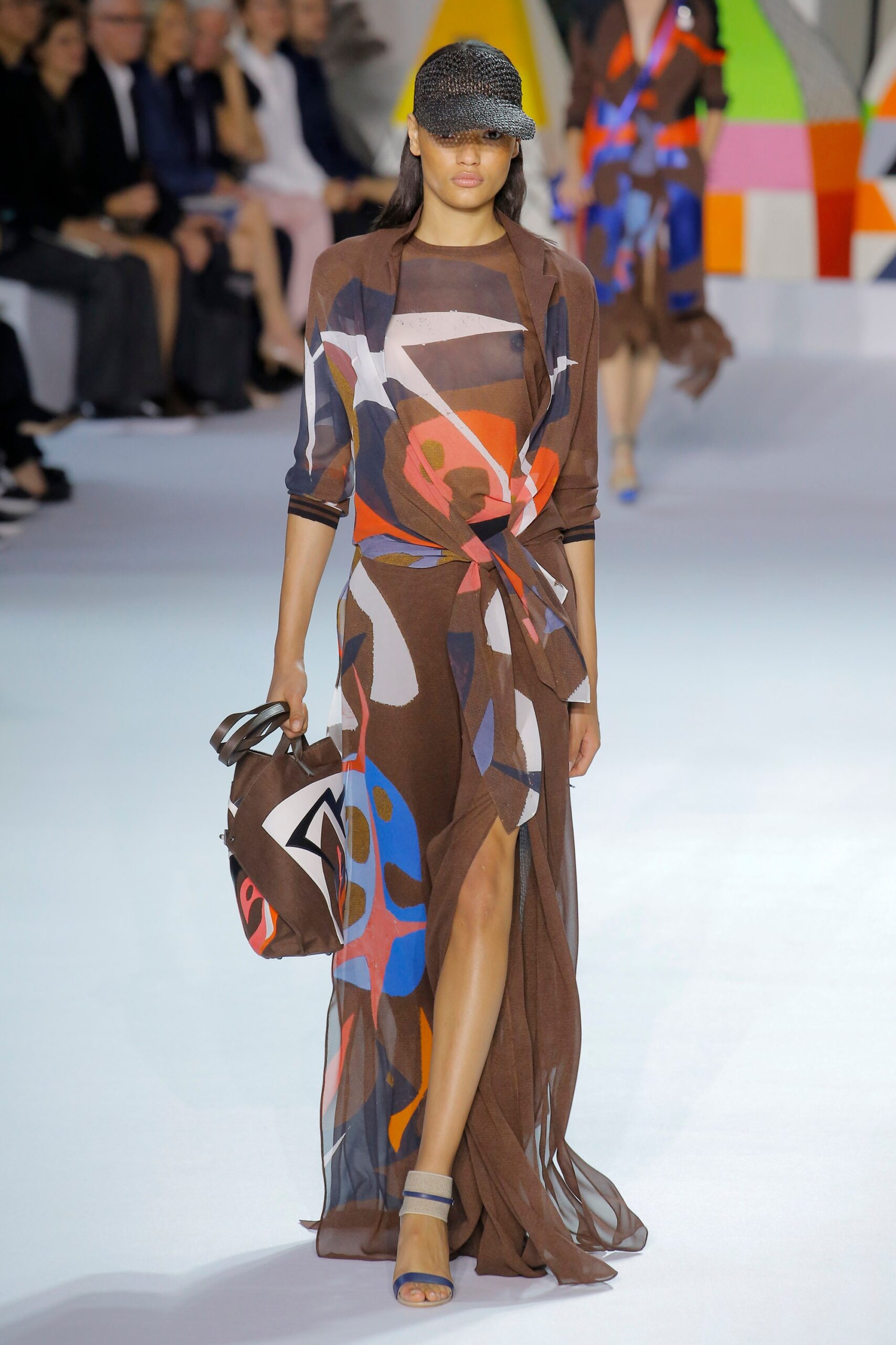 brown chiffon long-sleeve v-neck fitted draped flowing dress