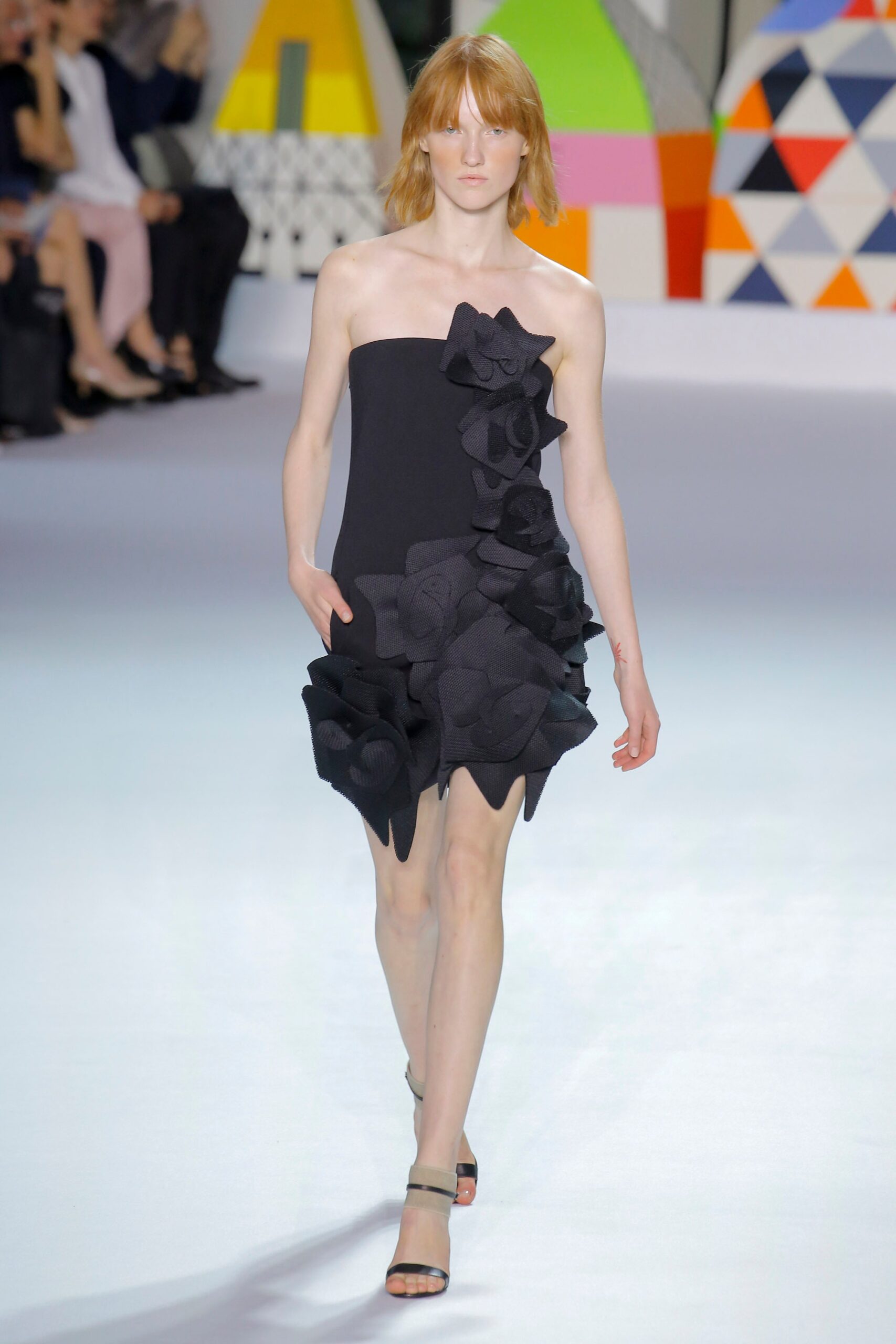 black strapless ruffled dress