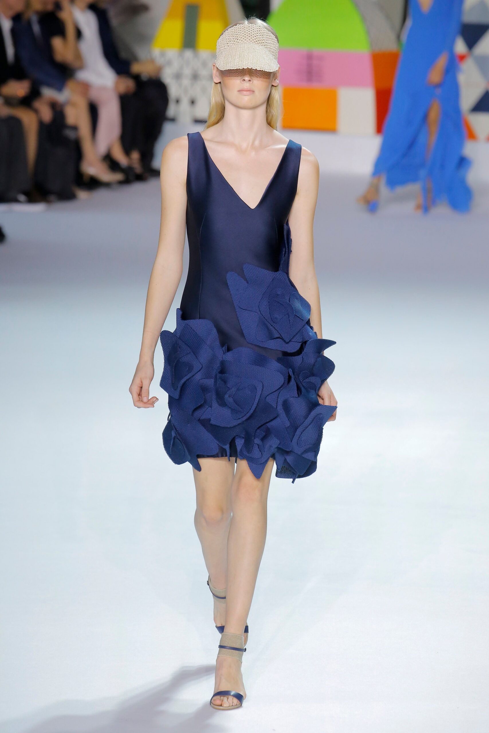 blue silk sleeveless v-neck fitted ruffled short dress