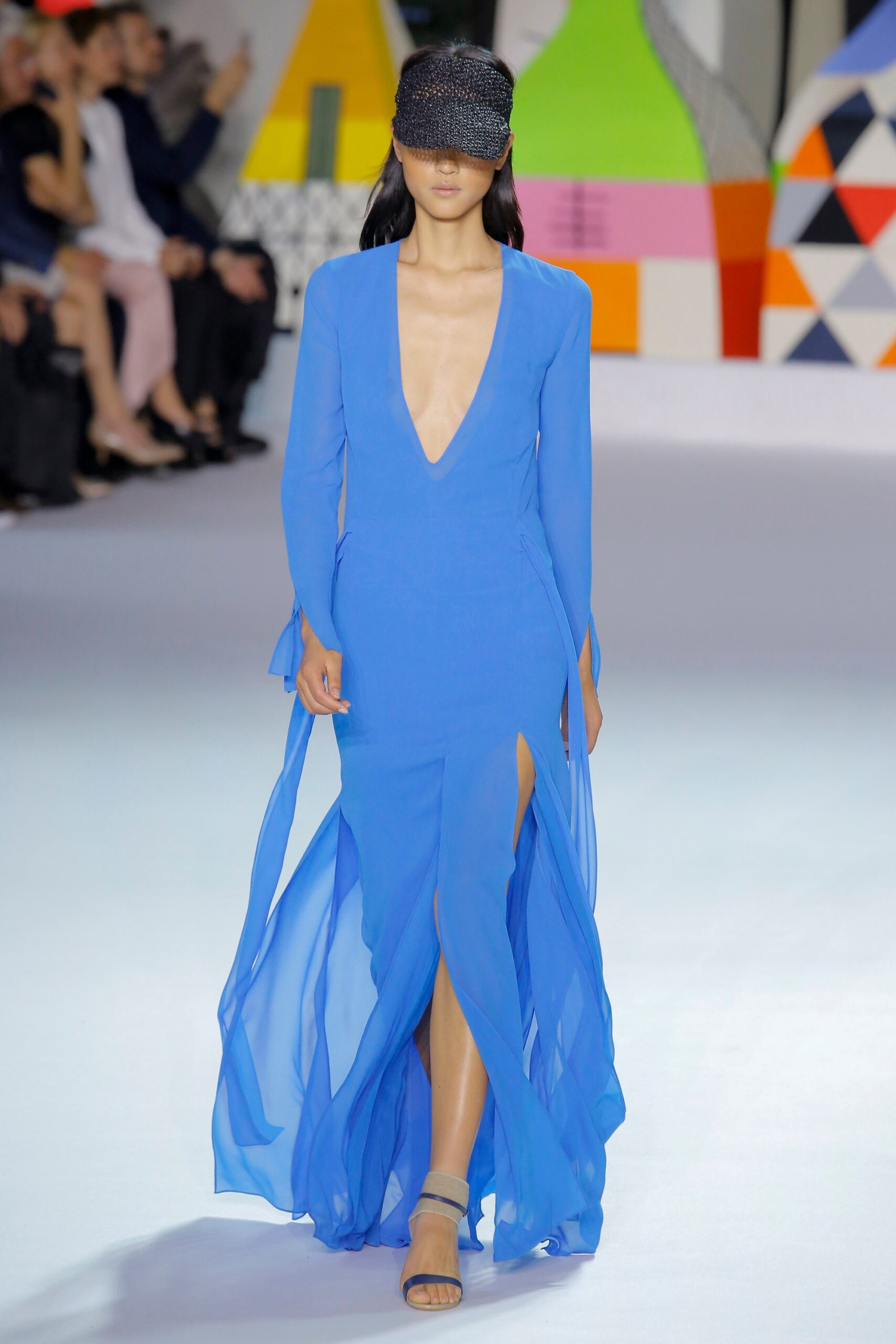 blue chiffon long-sleeve gown
