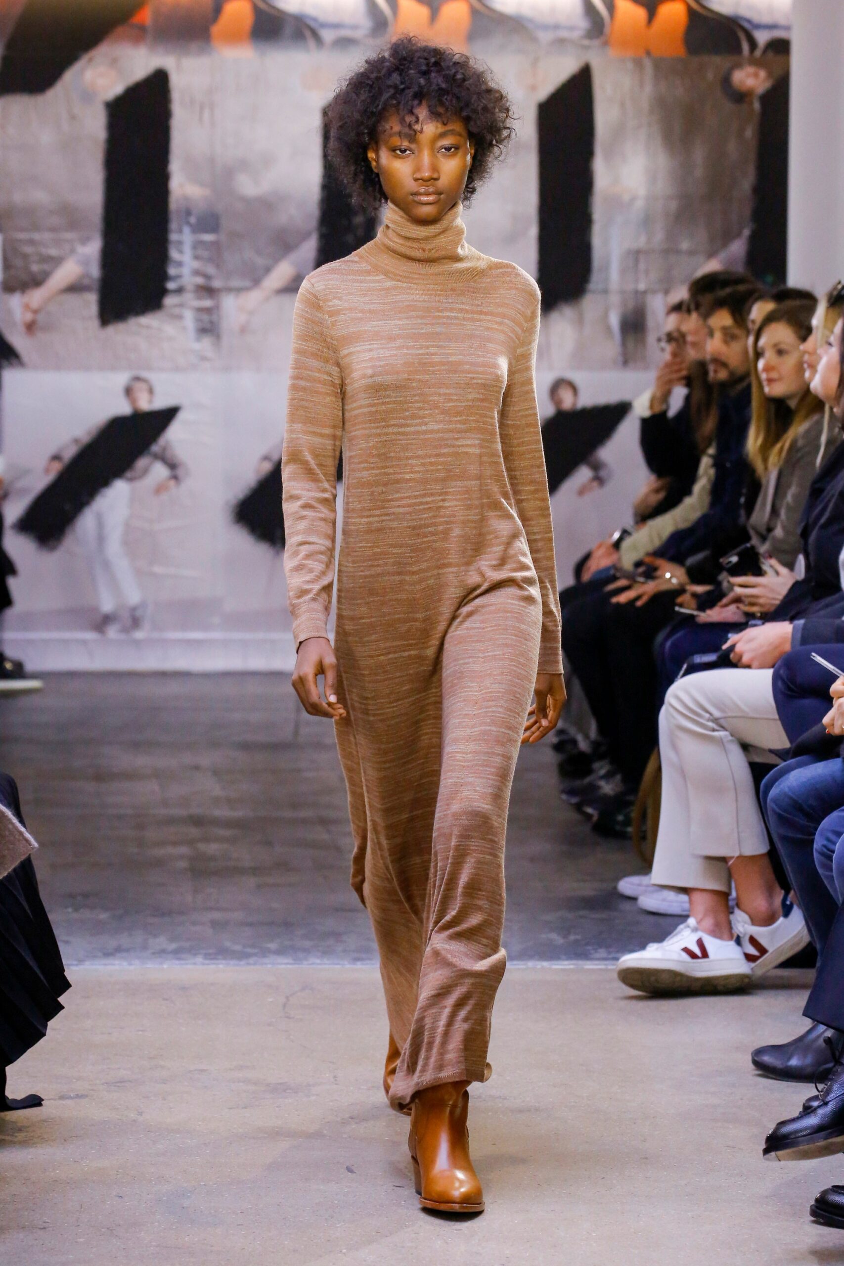 brown wool long-sleeve turtleneck fitted straight-leg maxi dress