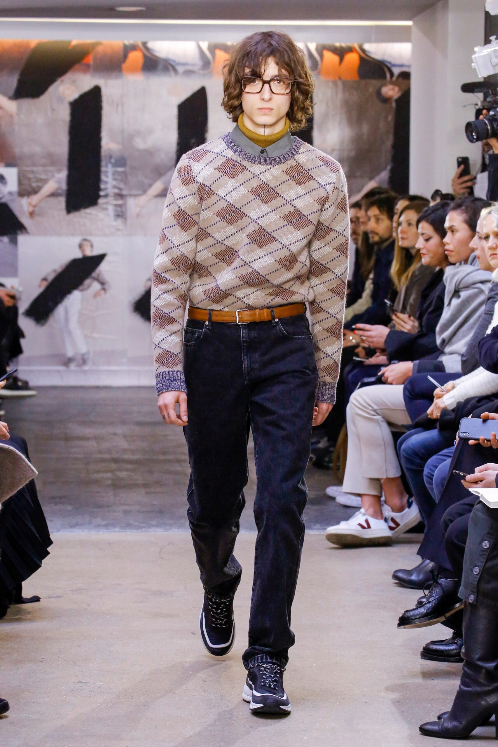 beige checked sweater with black pants