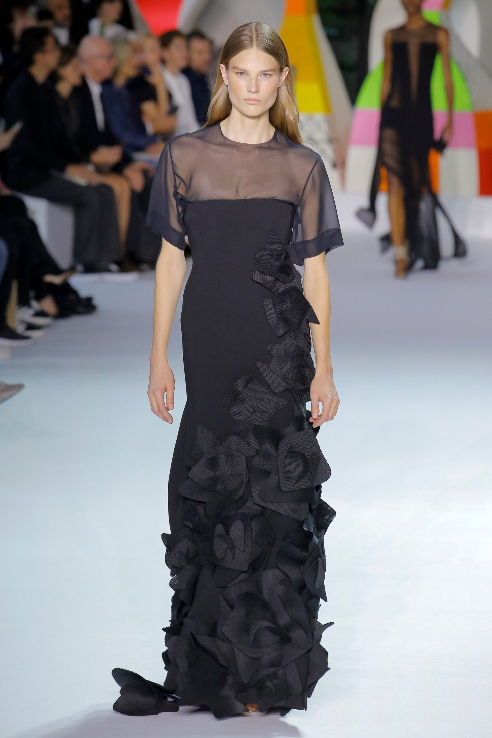 black silk gown with ruffles