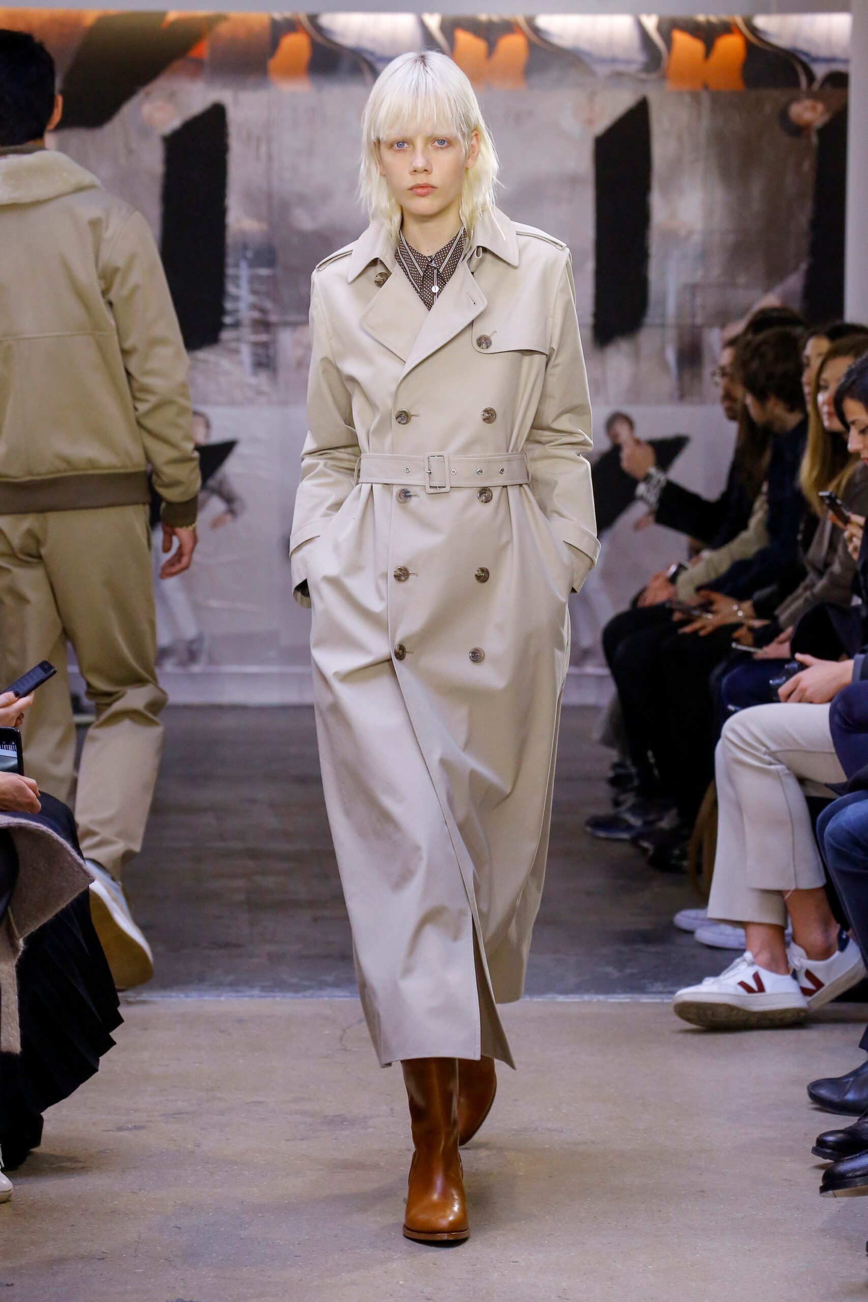beige cotton long-sleeve collared fitted belted maxi trench